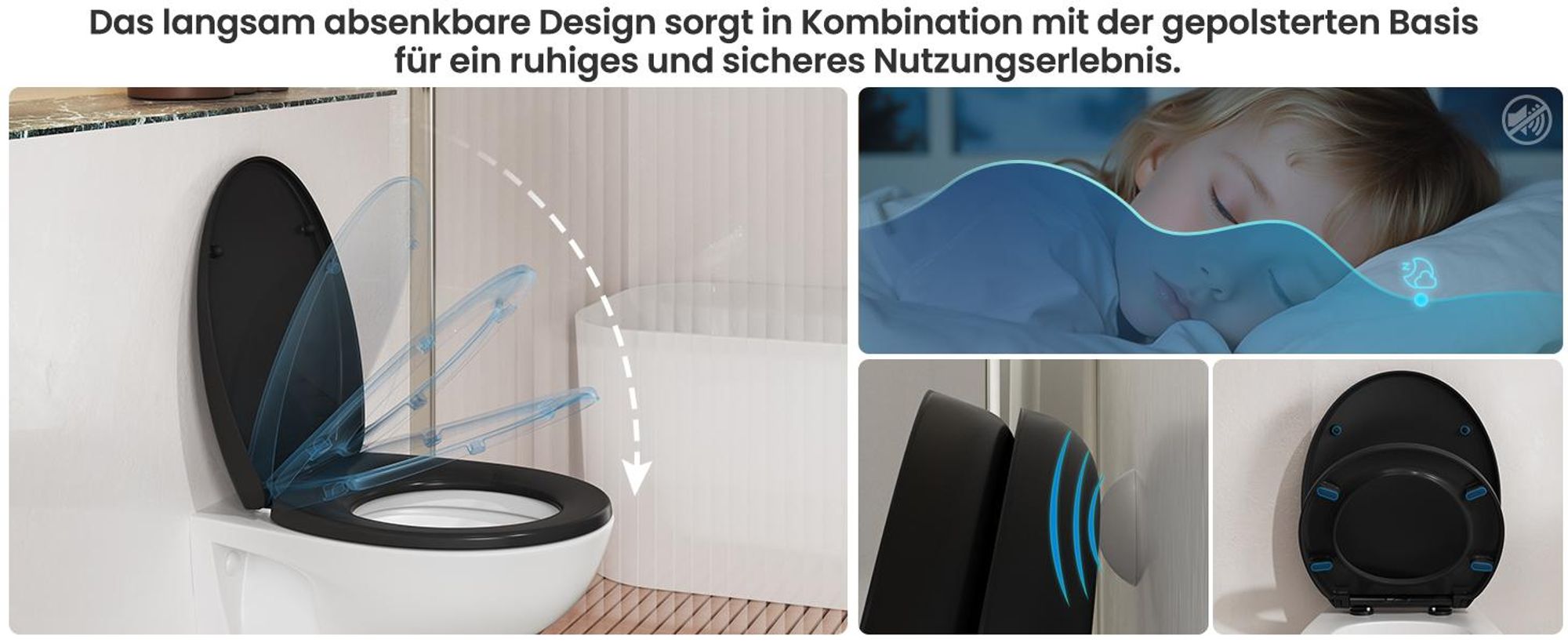 WC-Sitz O Form, 45 x 37.5 cm, Schwarz, Duroplast Toilettendeckel, Absenkautomatik, Schnellbefestigung, Klobrille, Antibakteriell, Softclose