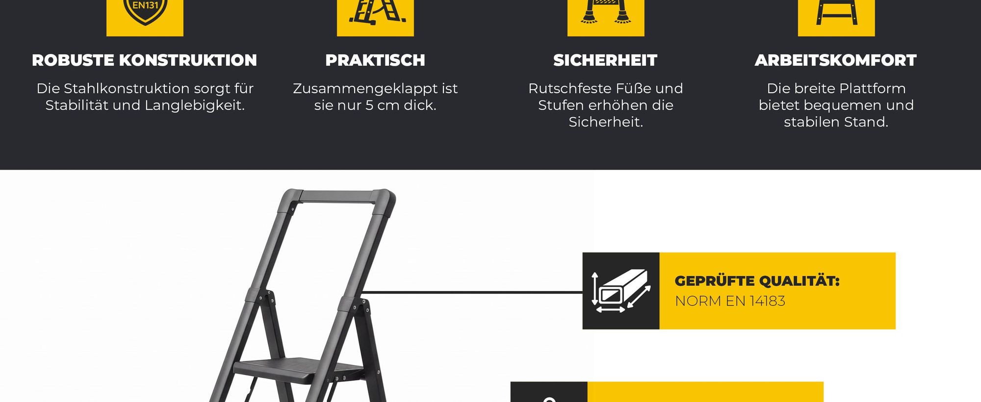Drabest | Haushaltsleiter - Slim - Stahlleiter - Werkstattleiter - Schwarz - 4-stufig - Klappbar - Max. Tragkraft 150 Kg - Arbeitshöhe 2,88 M