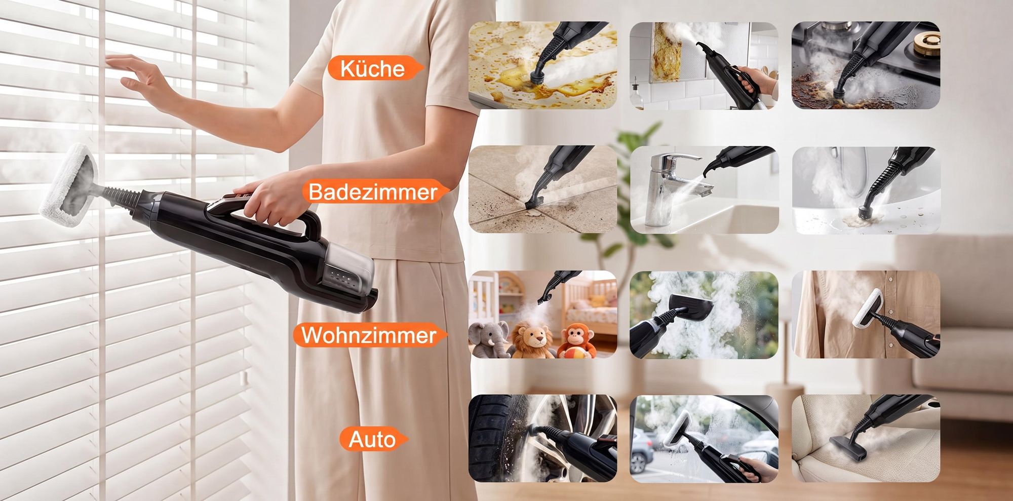 6in1 Dampfreiniger 1580W Dampfmopp & Dampfwischer mit 110°C Hochtemperatur-Dampf, 15 Sek. Aufheizzeit, Handdampfreiniger mit rotierenden Reinigungspad