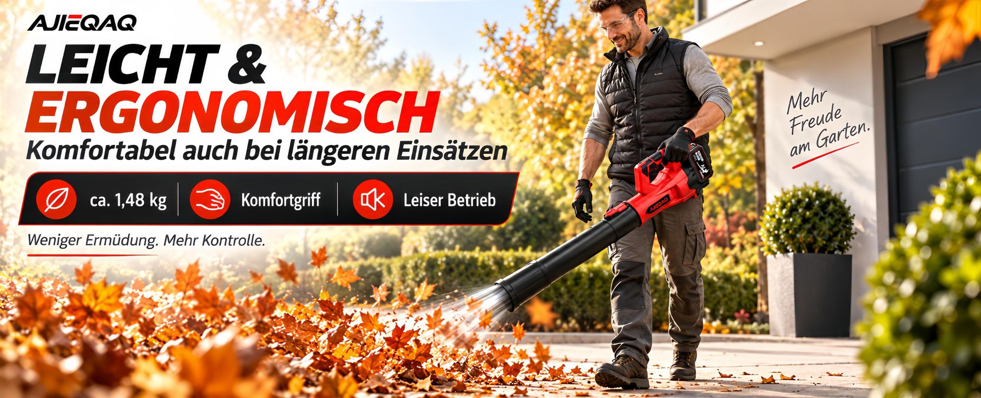Akku-Laubbläser 21V Brushless, 2×4,0Ah Akkus, 320 km/h, 6 Stufen mit Turbo, 1000W, kabelloser Laubbläser mit 2 Rohren