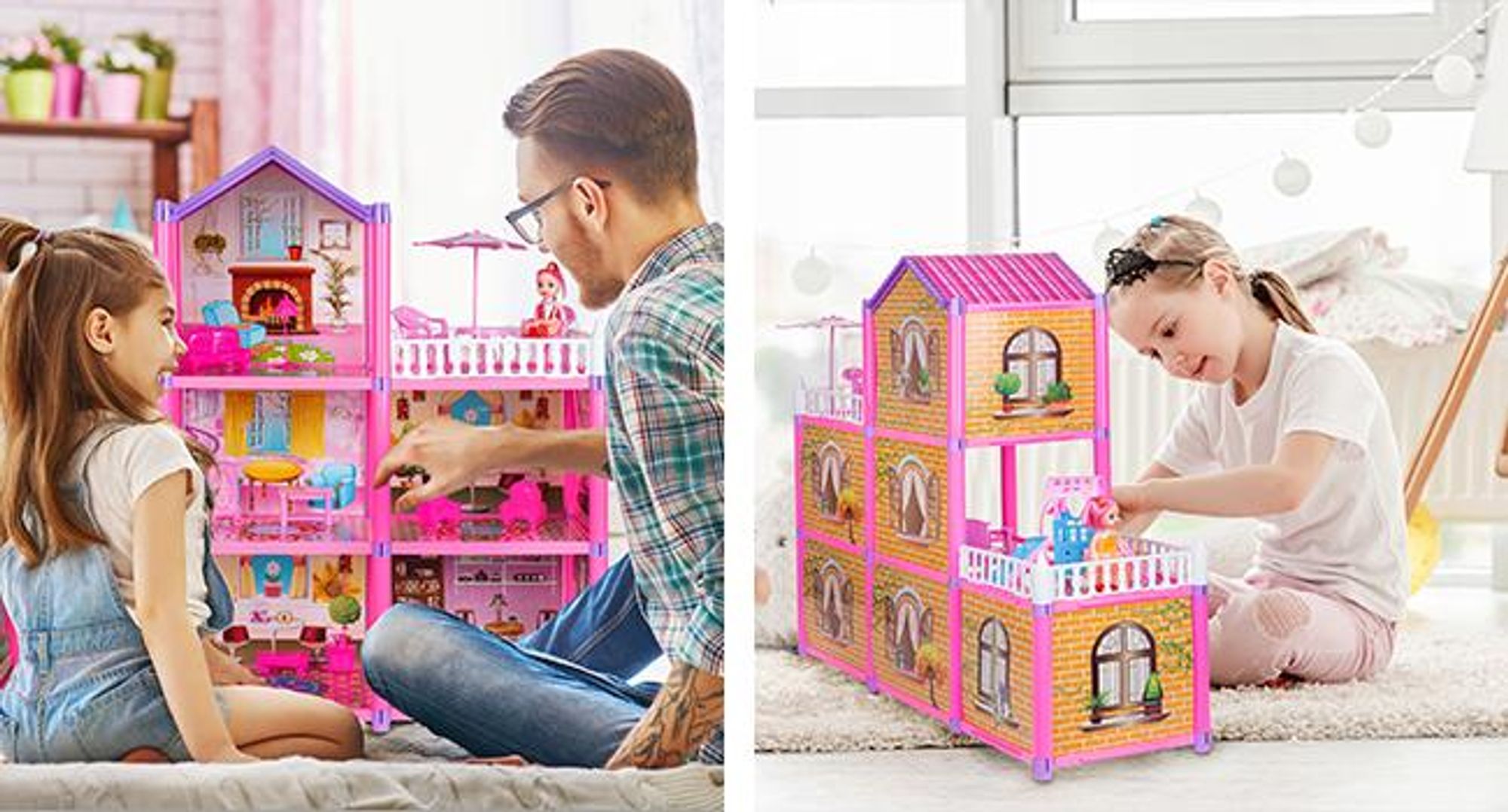 KRUMAD Puppenhaus 3 Etagen 129-teilig mit 2 Puppen, Möbel & Zubehör, Spielhaus mit Rutsche & Terrassen, Spielzeug ab 3 Jahren