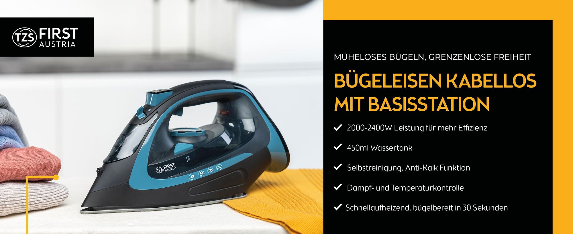 TZS First Austria - Dampfbügeleisen kabellos 2400W - 450 ml Tank mit Tropfstop, verstellbarer Temperatur & Dampfstärke - Keramik Bügelsohle - Mit Vertikaldampf