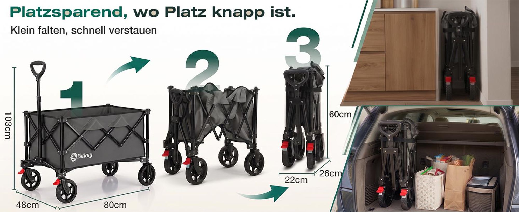Sekey Bollerwagen faltbar 150 kg mit Bremsen, klappbarer Handwagen für Garten und Ausflug, Anthrazit