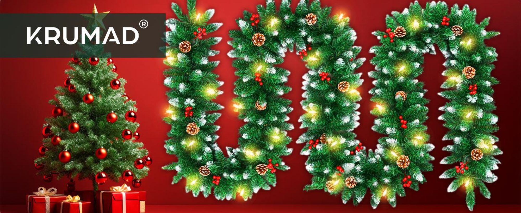 KRUMAD Weihnachtsgirlande 3 m mit LED Beleuchtung – Künstliche Tannengirlande mit Schnee, Zapfen & Beeren – Weihnachtsdeko Innen & Außen – 280 Zweige