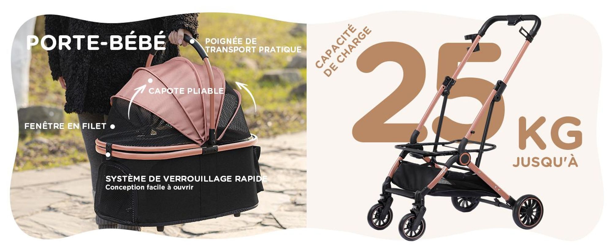 Poussette pour chien COMHOMA pliable jusqu'à 25 kg, roue avant pivotante à 360° en EVA et freins arrière, poussette pour chien 4 en 1, poussette pliable pour chat, couleur or rose