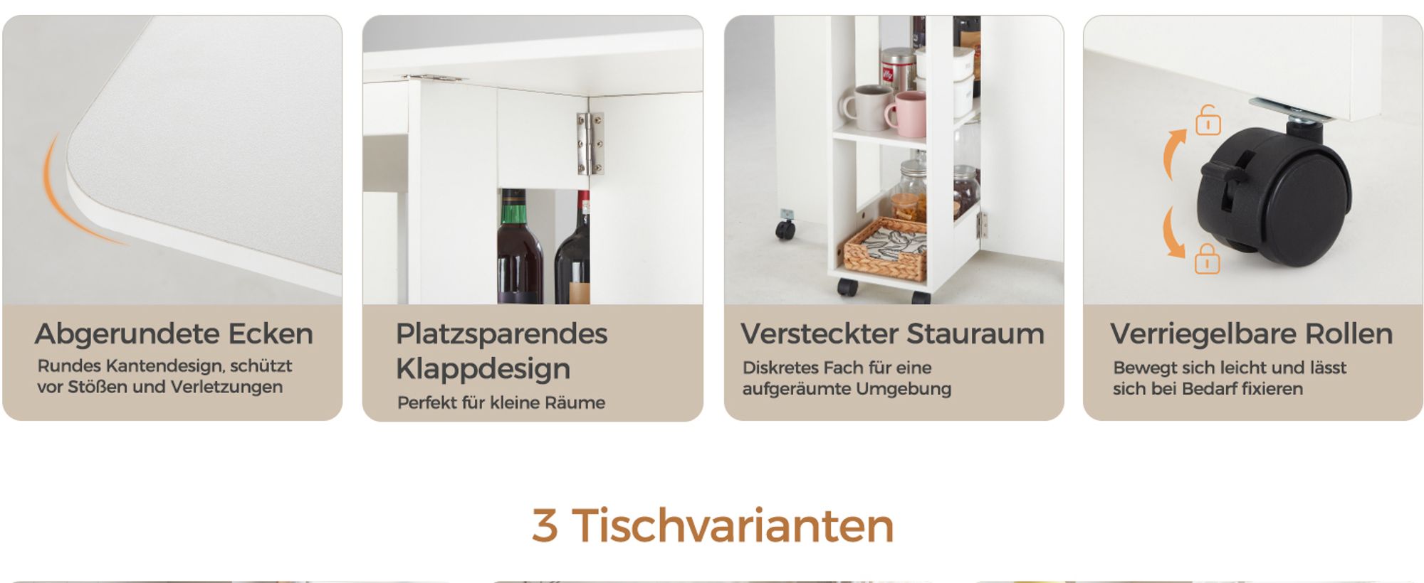 Mondeer Esstisch mit 4 Hockern Platzsparend (120x80→33x80cm), Rollbar mit Bremsen, 3-in-1 Funktion & Schnell Aufgebaut Weiß