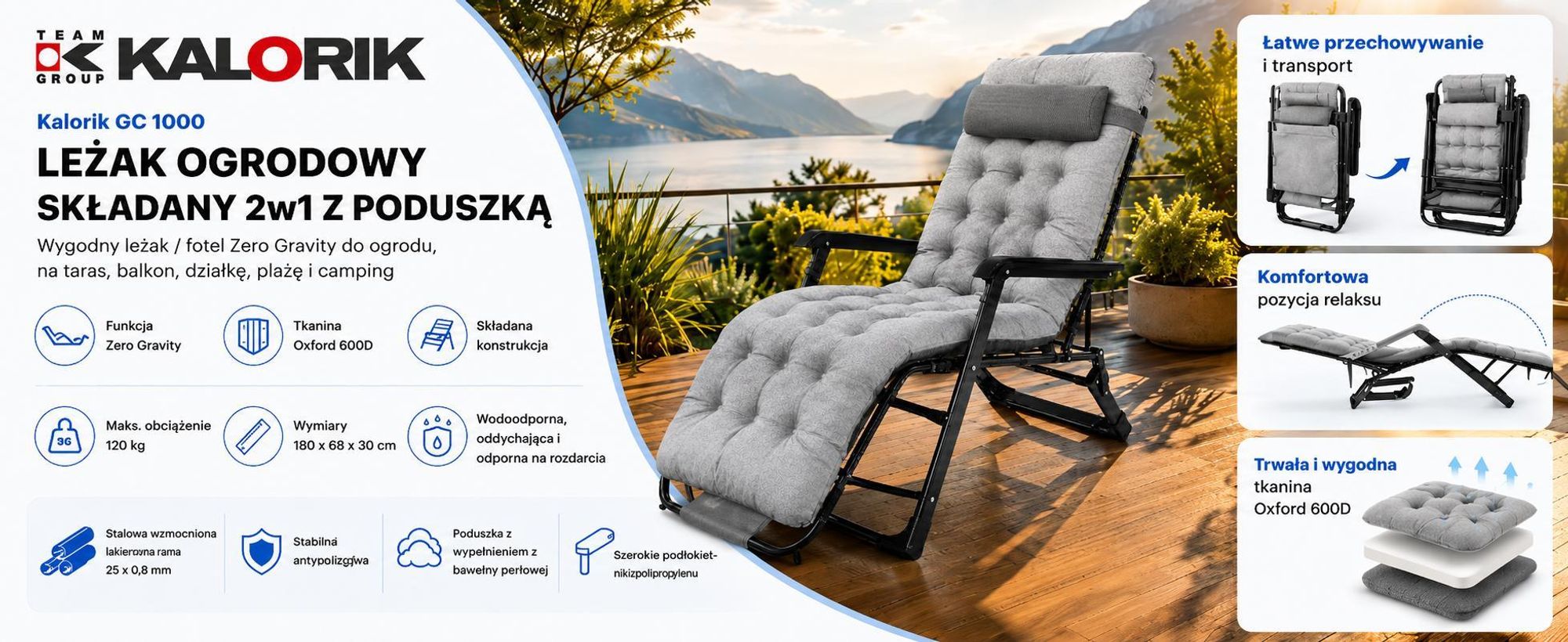 Leżak Ogrodowy Składany Fotel Rozkładany Krzesło Balkonowe 2W1 Z Poduszką