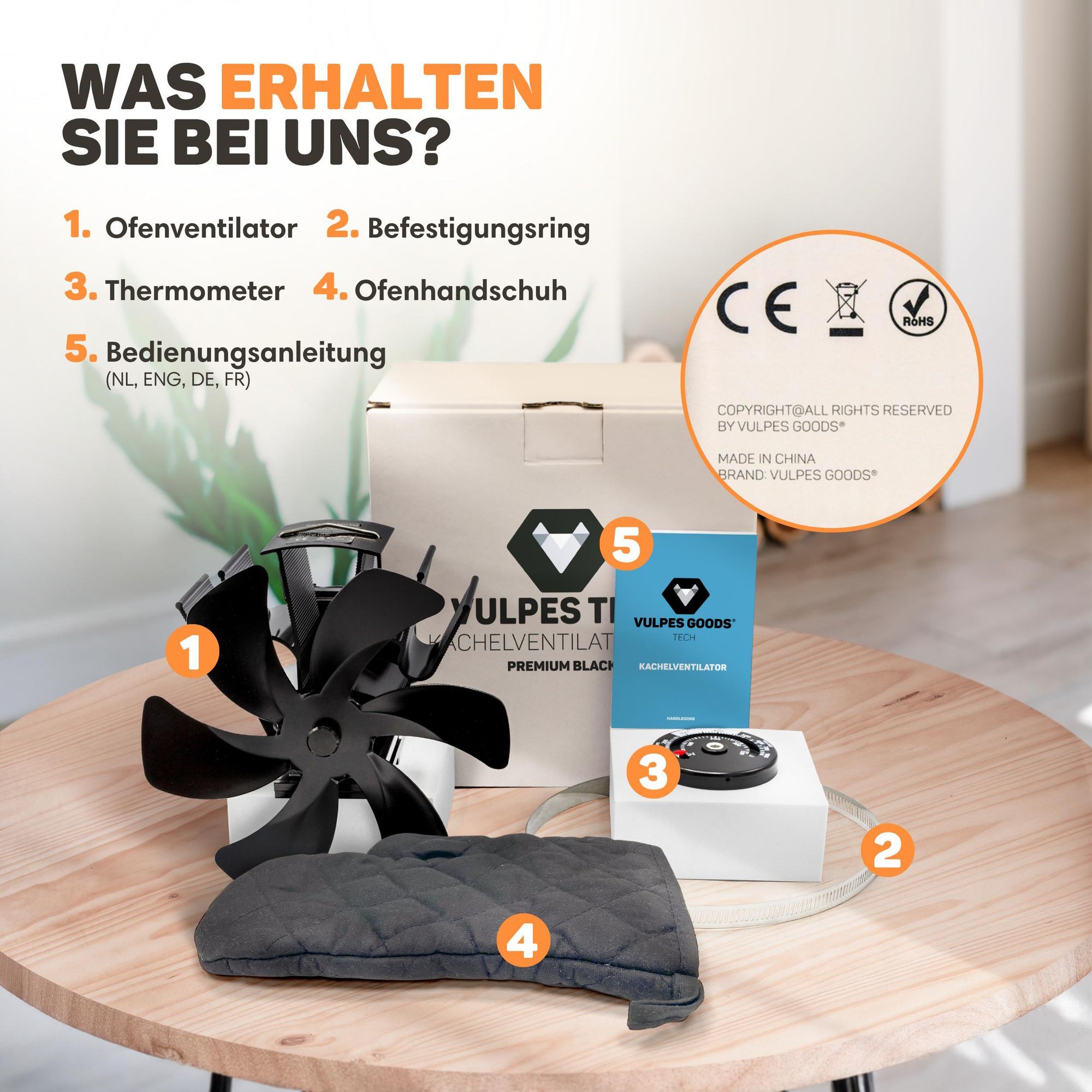 Vulpes Goods Heizungsventilator | Ventilator für Holzofen In freistehendem Design | Kaminventilator - schnelleres Aufheizen des Raumes / 6 Blätter