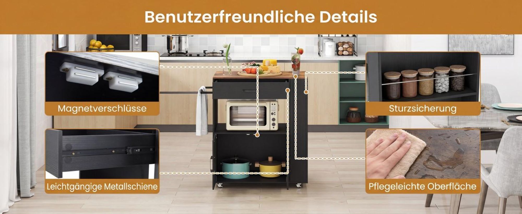 Küchenwagen auf Rollen, Kücheninsel Holz mit Arbeitsplatte, Servierwagen Rollwagen mit Schublade, Küchentrolley mit feststellbaren Lenkrollen (weiß)