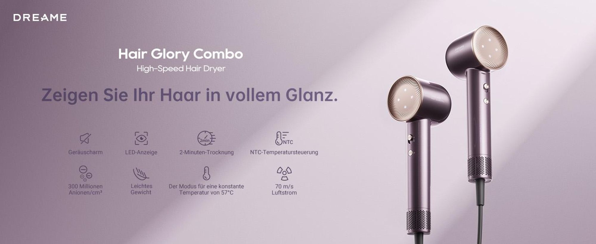 Dreame Glory Combo Haartrockner,110K U/min,70m/s,professioneller,Negativ-Ionen-Technologie,4 Temperaturstufen, Luftgeschwindigkeitsregelung,lila