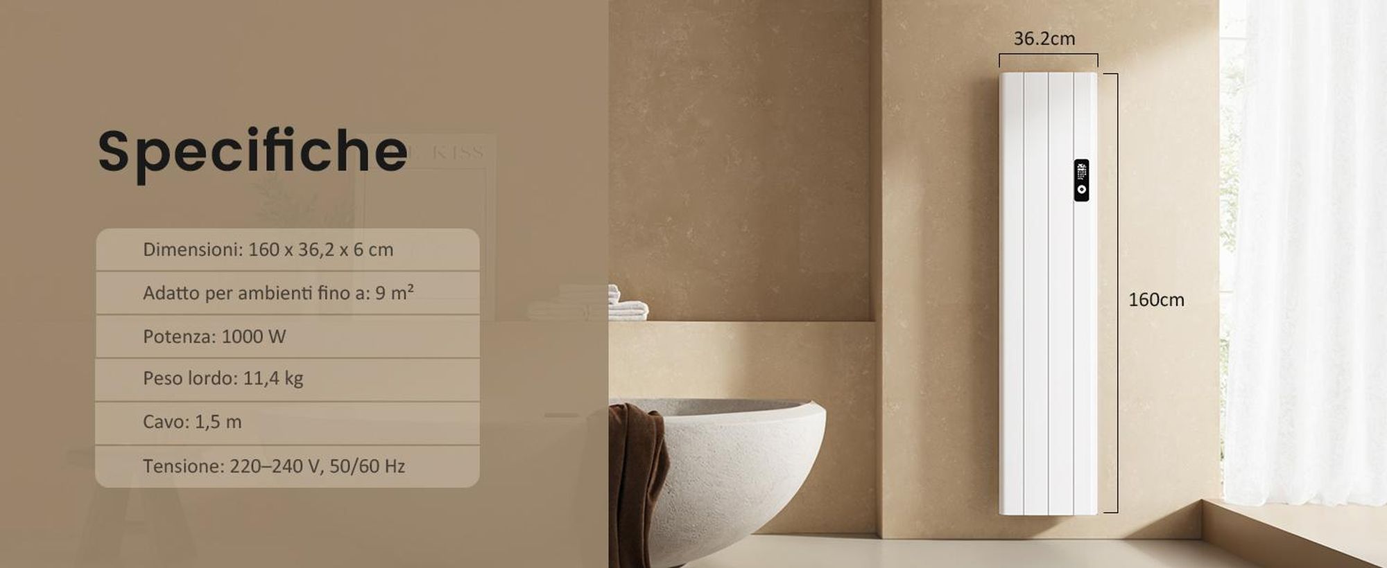 EMKE® Riscaldatore elettrico 1000W Display LCD Bianco Convettore elettrico 1600x362x60mm WiFi + Alexa/Google Home, riscaldatore elettrico a parete per ambienti di 9 m²
