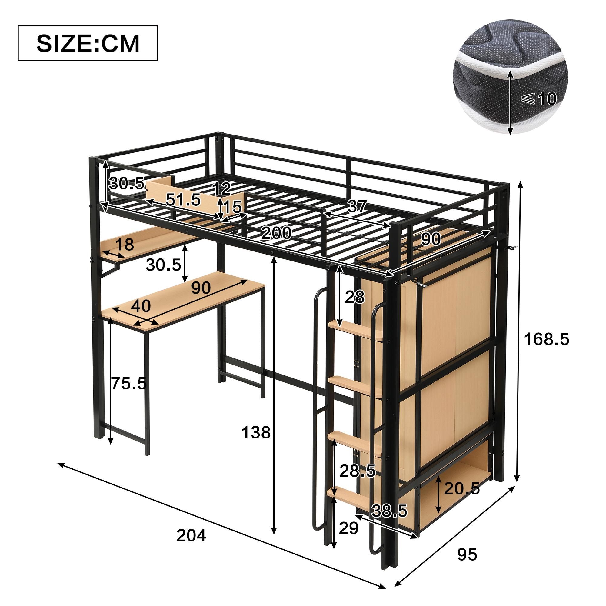Flieks Etagenbett Metallbett 90x200cm mit Schreibtisch & Ablage, Kinderbett Hochbett mit Kleiderschrank, Jugendbett Einzelbett mit Lattenrost, Schwarz