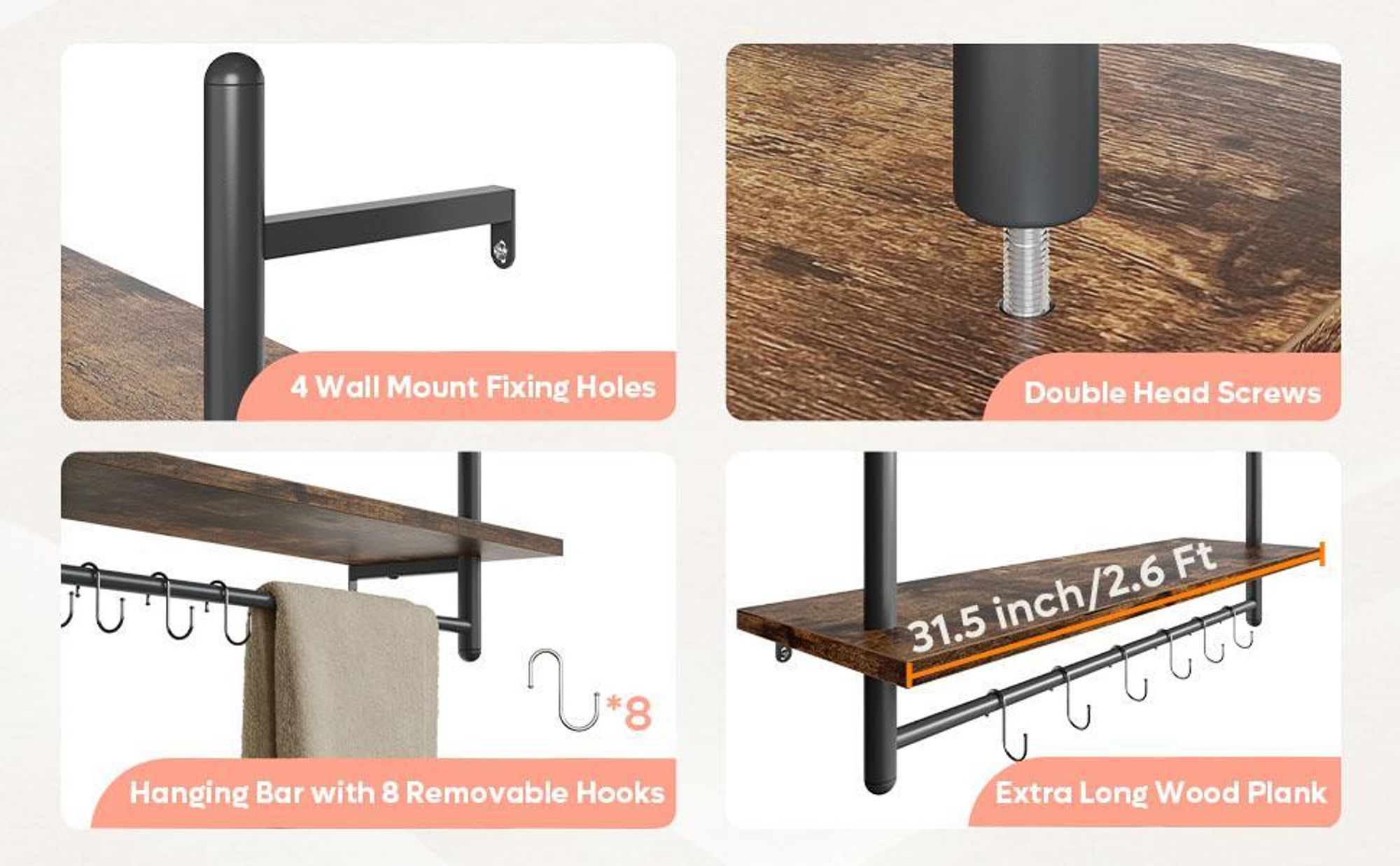 Wandregal Industrie-Look mit Haken | 2-stufiges schwebendes Rohrregal 80x64cm | Aus Holz für Küche, Wohnzimmer, Badezimmer | Deko- & Aufbewahrungsrega