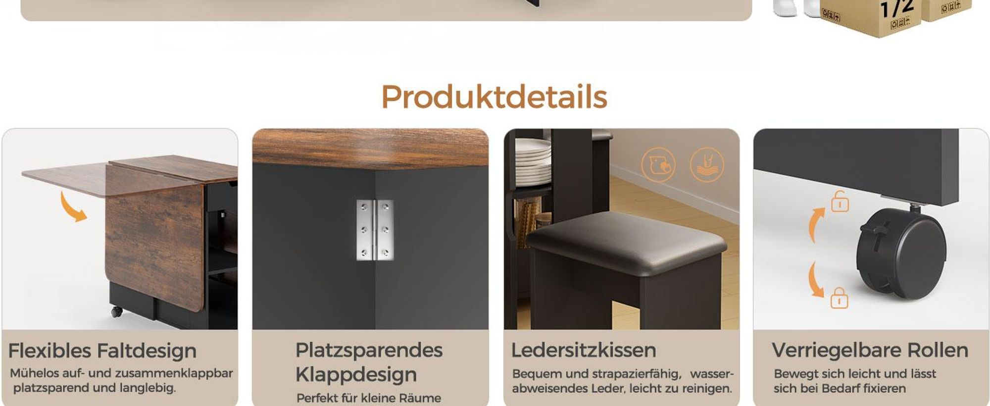 Mondeer Essgruppe Klapp-Essgruppe mit 4 Polsterhocker – Platzsparend, Rollen, 2 Schubladen & Ablageflächen 140x80 cm Braun und Schwarz