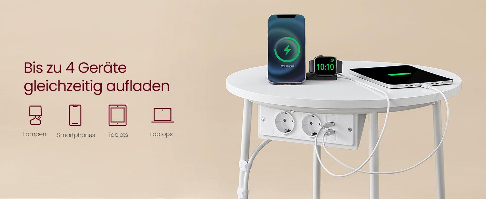 VASAGLE Beistelltisch rund, mit Steckdose, USB-Anschlüsse, Ø45 cm, mattweiß-kamelbraun