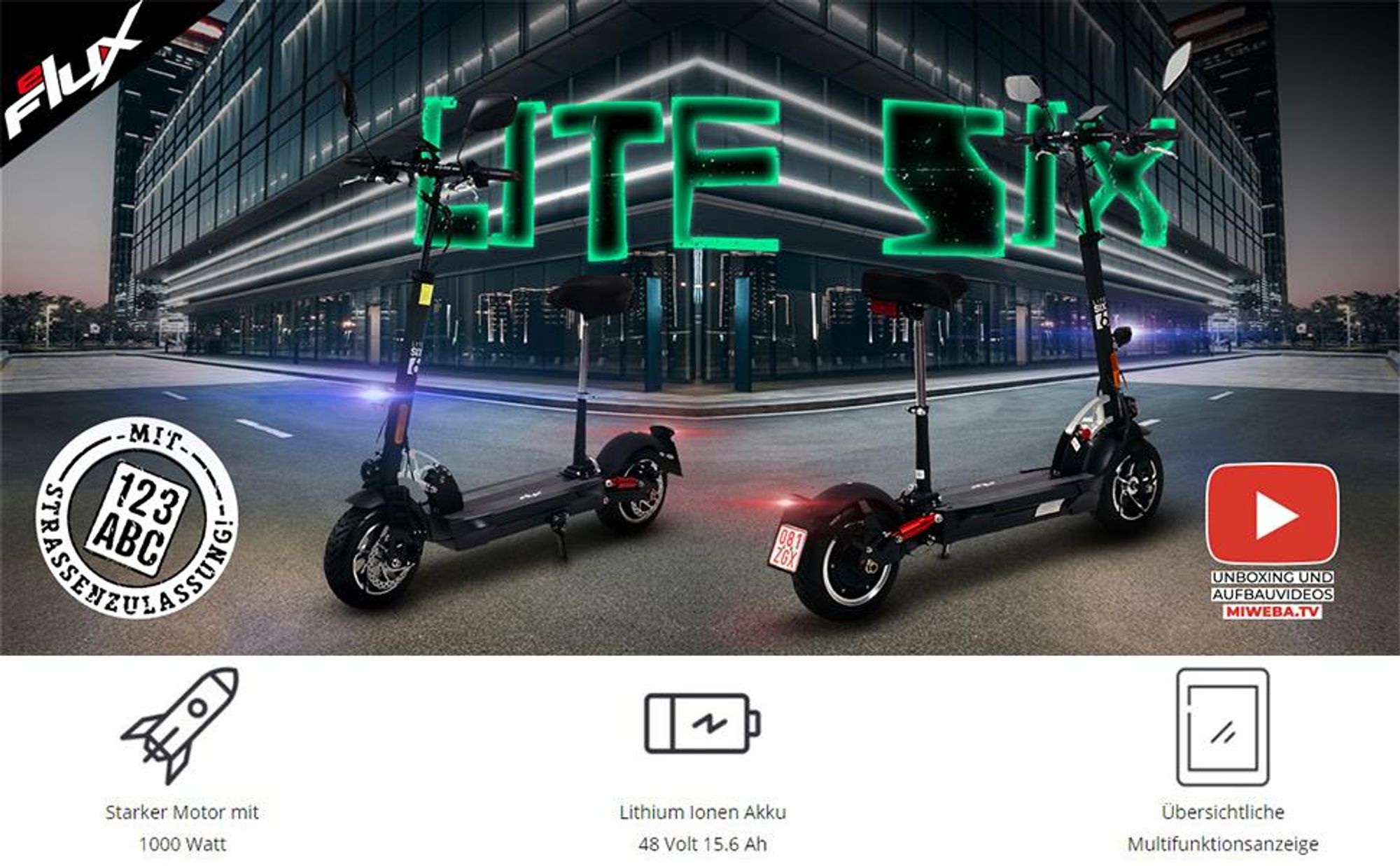 eFlux Lite Six E-Scooter | Mit Straßenzulassung - E-Roller - Elektro Roller mit Sitz - Stoßdämpfer - 3 Geschwindigkeitsstufen - Einstellbare Sitzhöhe