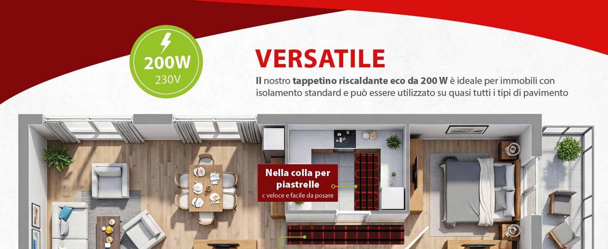 Tappetino riscaldante elettrico a bassa densità per pavimenti in piastrelle, copertura 7 m², 200 Watt, set completo con termostato M2 Wifi, colore nero