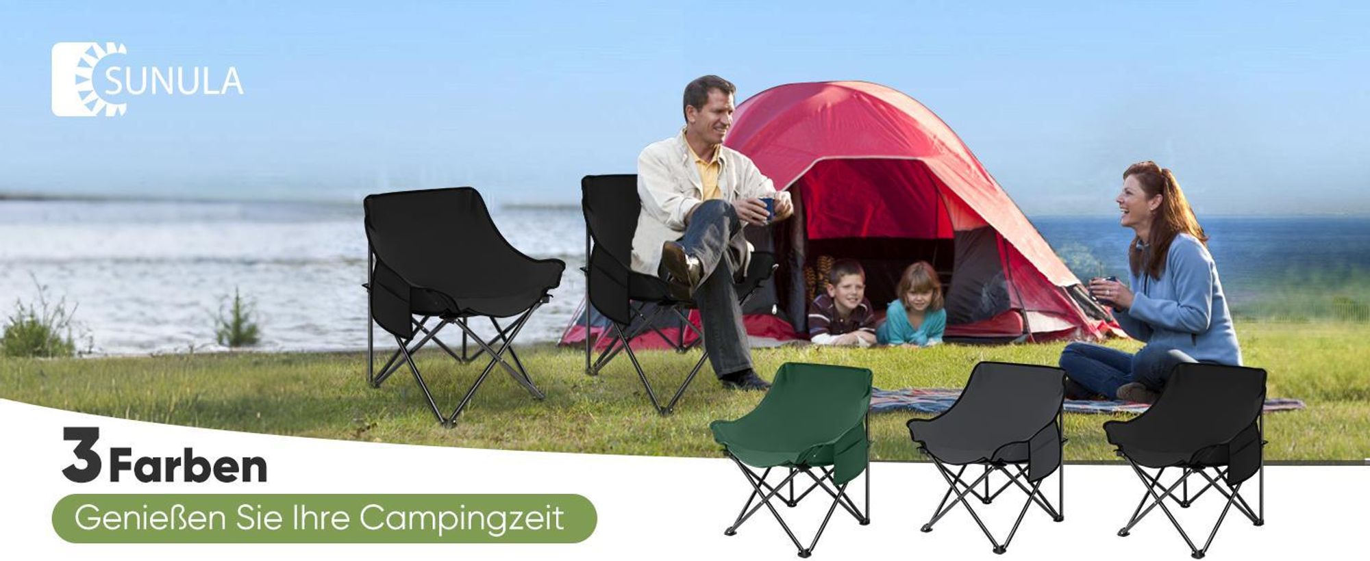 SUNULA 2er Set Campingstuhl Faltbar 100 kg, Camping Klappstuhl Wandern, Faltstuhl mit Seitentasche, Anthrazit