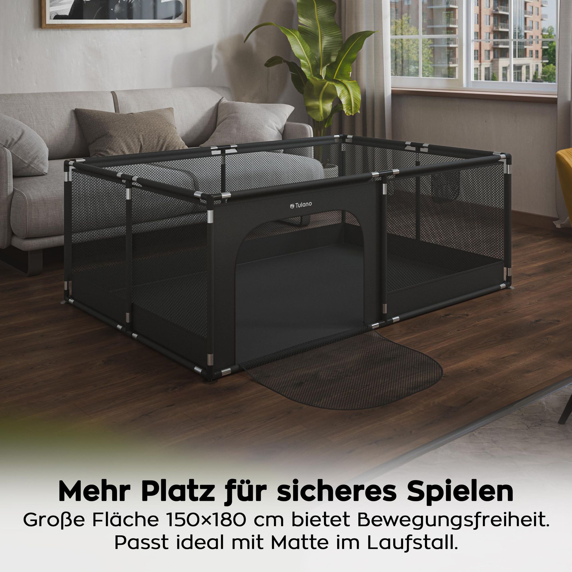 Kinder Laufstall Playpen Laufgitter 120x180 cm mit Boden, 66 cm hoch, faltbar, Reißverschluss Tür innen & außen, Saugnäpfe, Tragetasche, BPA-frei