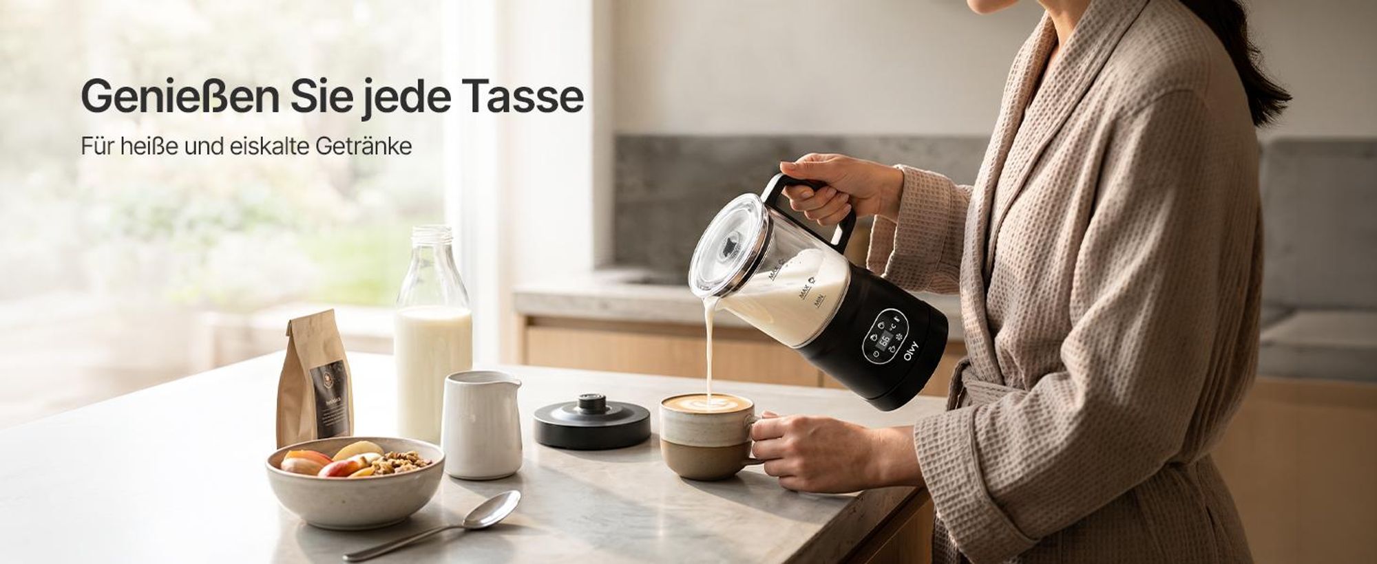 Olvy Elektrischer Milchaufschäumer aus Glas 4-in-1, 500 W, Temperaturanzeige, 160 ml Milchschaum, 400 ml Milcherhitzung, Heiß- & Kaltschaum, Schwarz