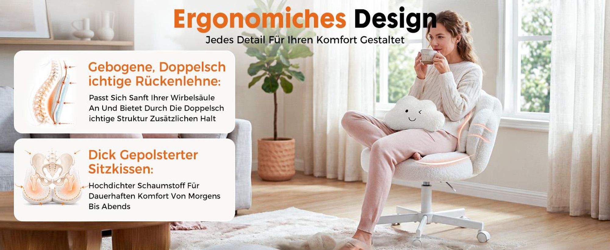 COMHOMA Bürostuhl Schreibtischstuhl, Schminkstuhl mit Rollen Doppelter Rückenlehne und Wolkenkissen, Höhenverstellbarer Drehstuhl, Teddystoff, Weiß