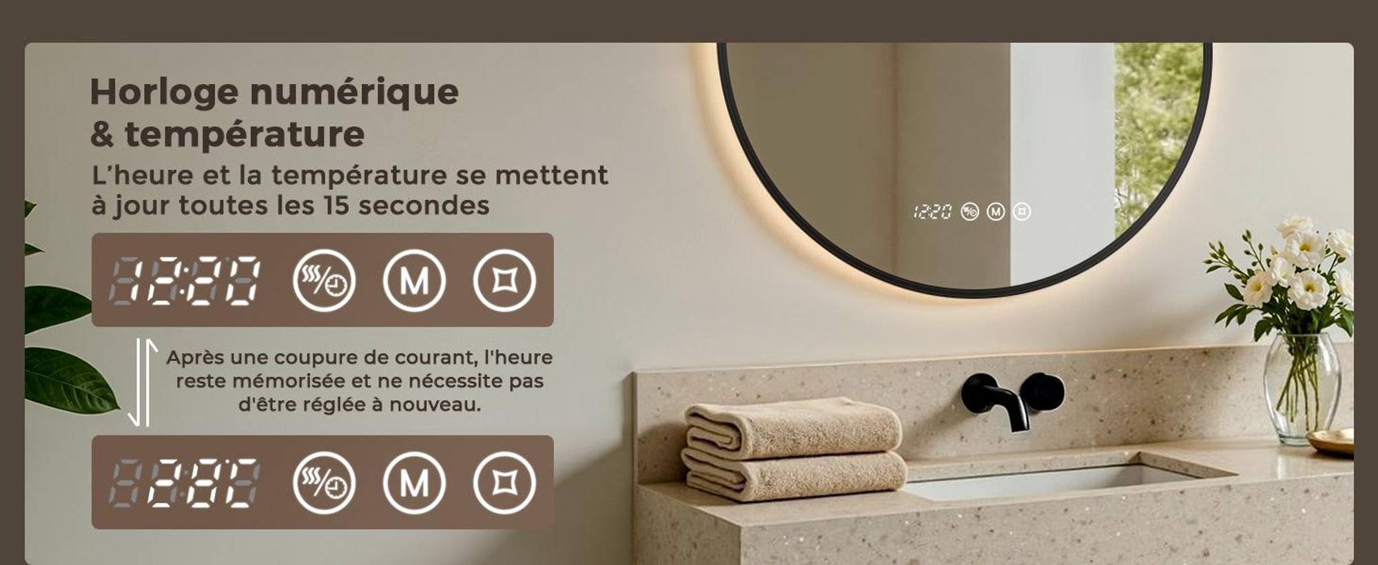 S'AFIELINA Miroir Salle de Bain LED Rond 70 cm, Interrupteur tactile, Anti-Buée, Horloge & Température, Cadre Noir