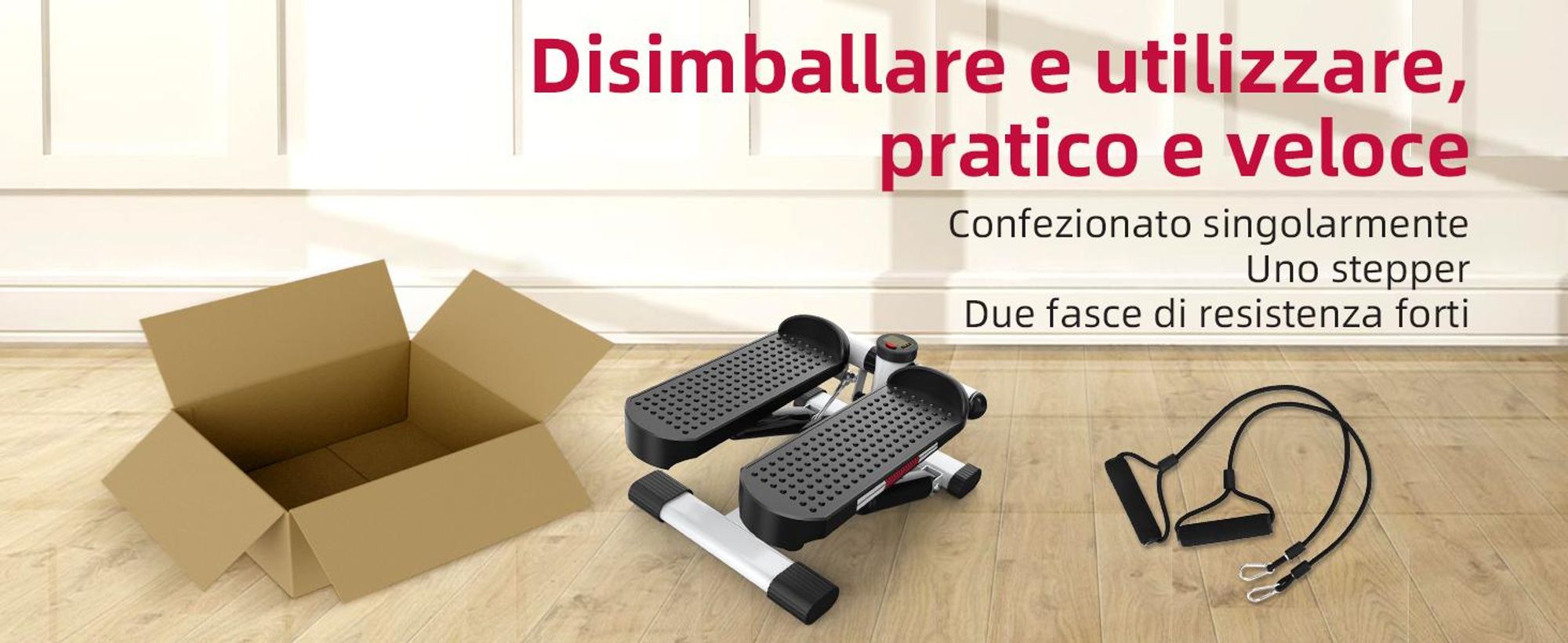 JASPORT ST1 Mini stepper, 2 in 1 con Power Ropes, LCD, resistenza regolabile, per allenamento gambe e braccia, silenzioso e compatto, carico massimo 100 kg, bianco