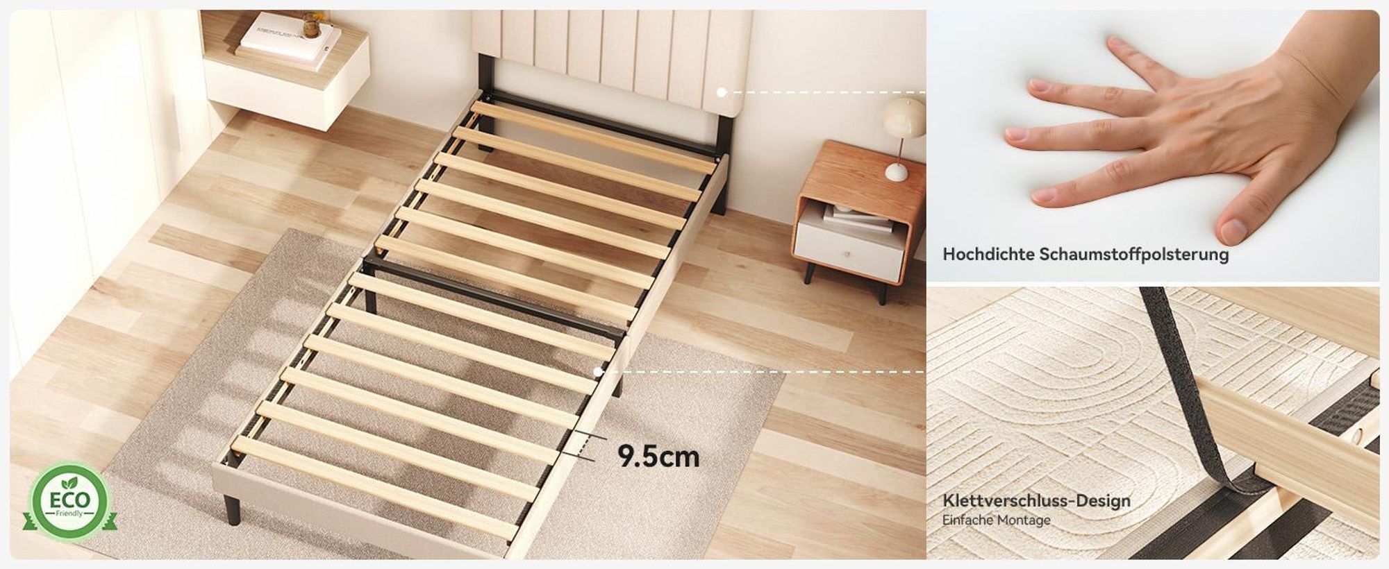 KUTAS Klassische Betten 90x200, Polsterbett Grau mit verstellbarem Kopfteil, Stauraum, Holzlatten, leises Bettgestell