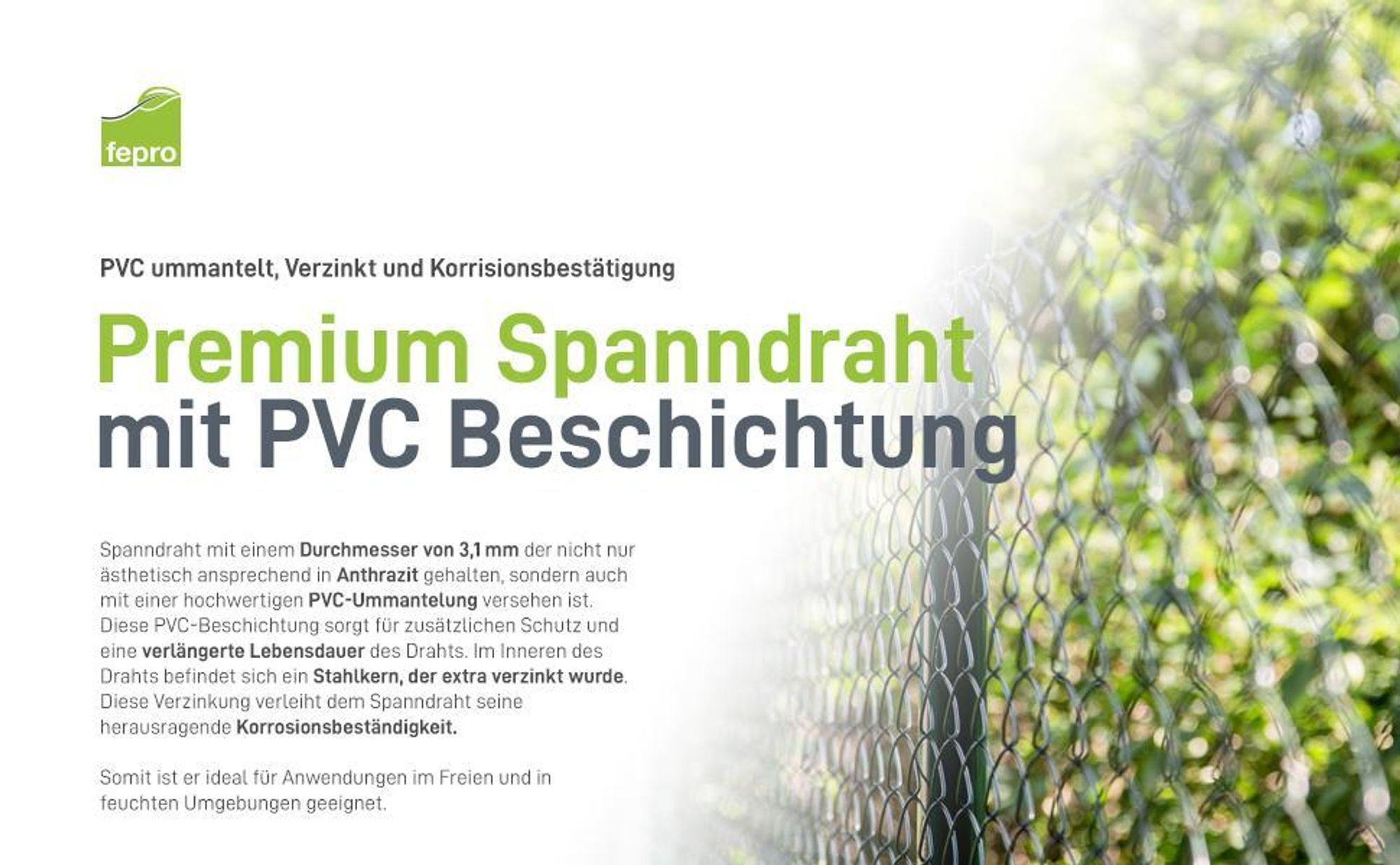 Fepro® Spanndraht 3,1 mm x 88 m, anthrazit, verzinkt und kunststoffbeschichtet - witterungsbeständig, ideal für Maschendraht, Wildzaun, Garten oder basteln