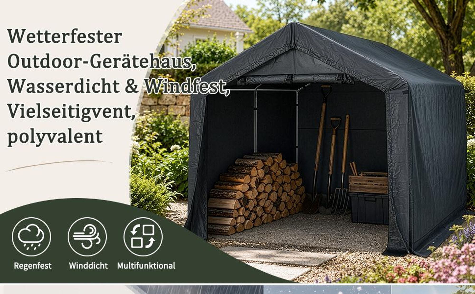 FCH 240X240X210CM Gerätehaus Garagenzelt Carport Folienzelt Gartenschuppen Fahrradgarage Lagerzelt Foliengerätehaus Geräteschuppen Gerätehaus,Schwarz