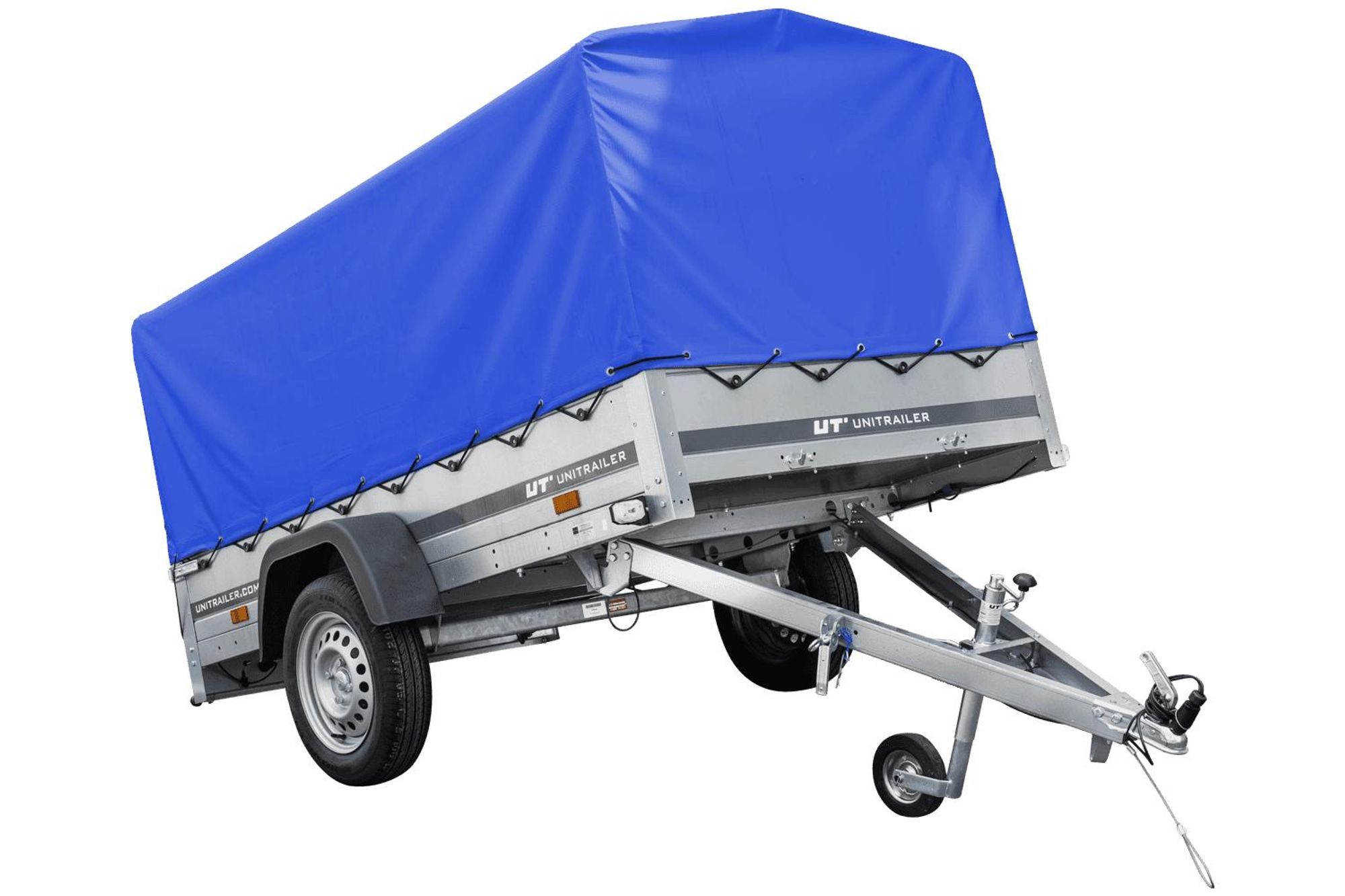 Auto Anhänger 230x125 Garden Trailer 230 KIPP Unitrailer 750 kg mit Stützrad, blauer Hochplane und Hochspriegel