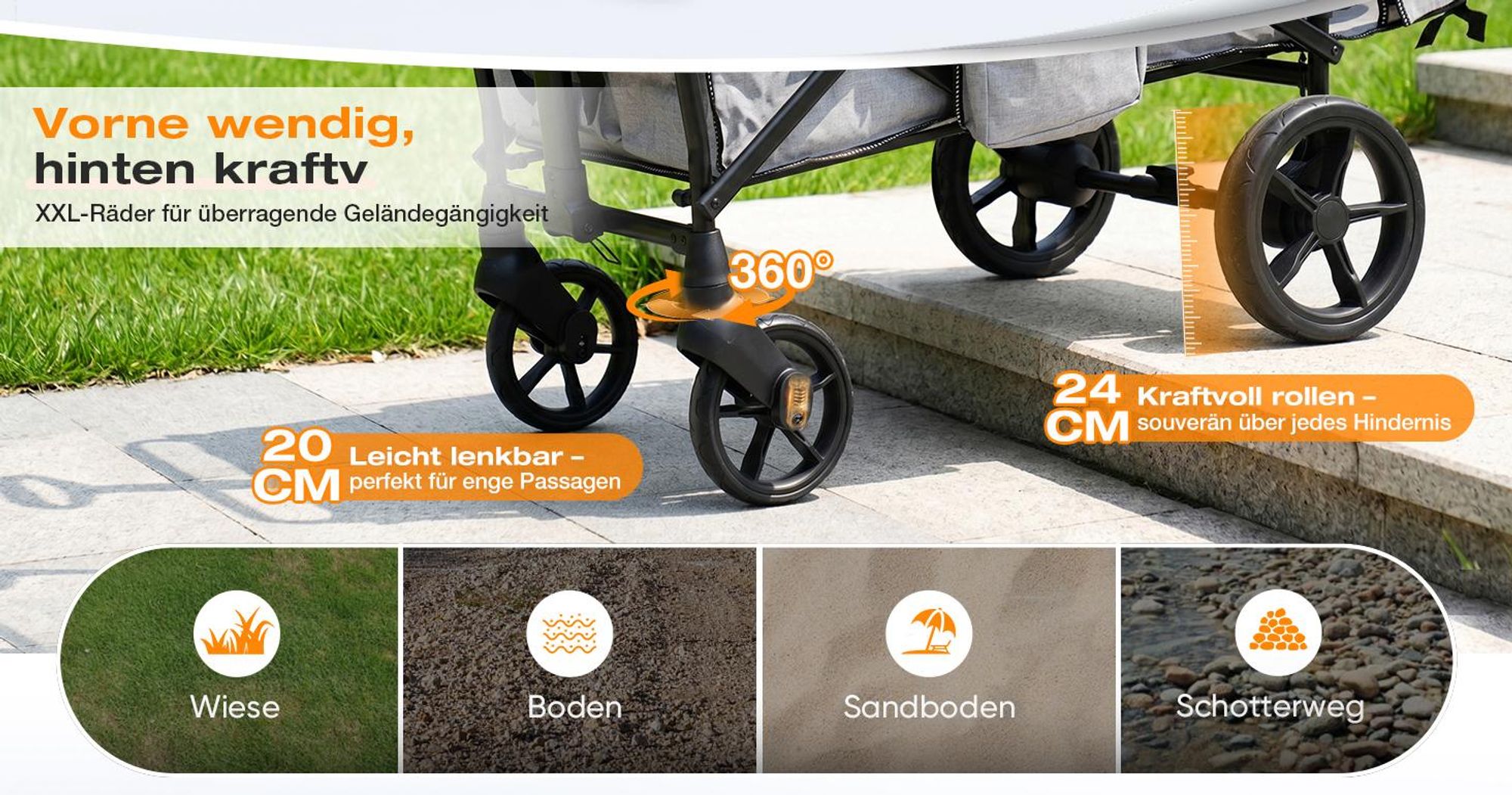 Sekey Bollerwagen Faltbar mit Dach Kinder Bollerwagen mit XXL-Rädern (24/20 cm), mit Zieh-/Schiebegriff, mit schwarz-weißer Paspelierung, Grau