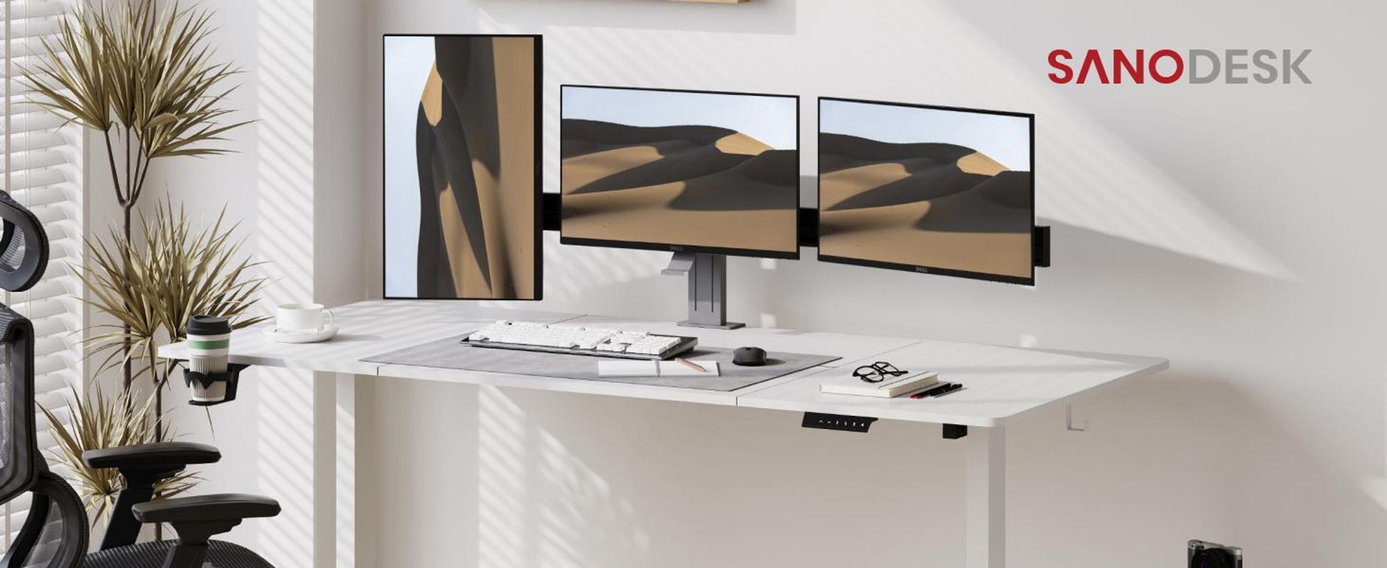 SANODESK Höhenverstellbarer Schreibtisch 180x80cm elektrisch 4 Memory-Funktion, Antikollisionsschutz, 70kg Tragkraft, mit Haken und Ablagebox (Weiß)