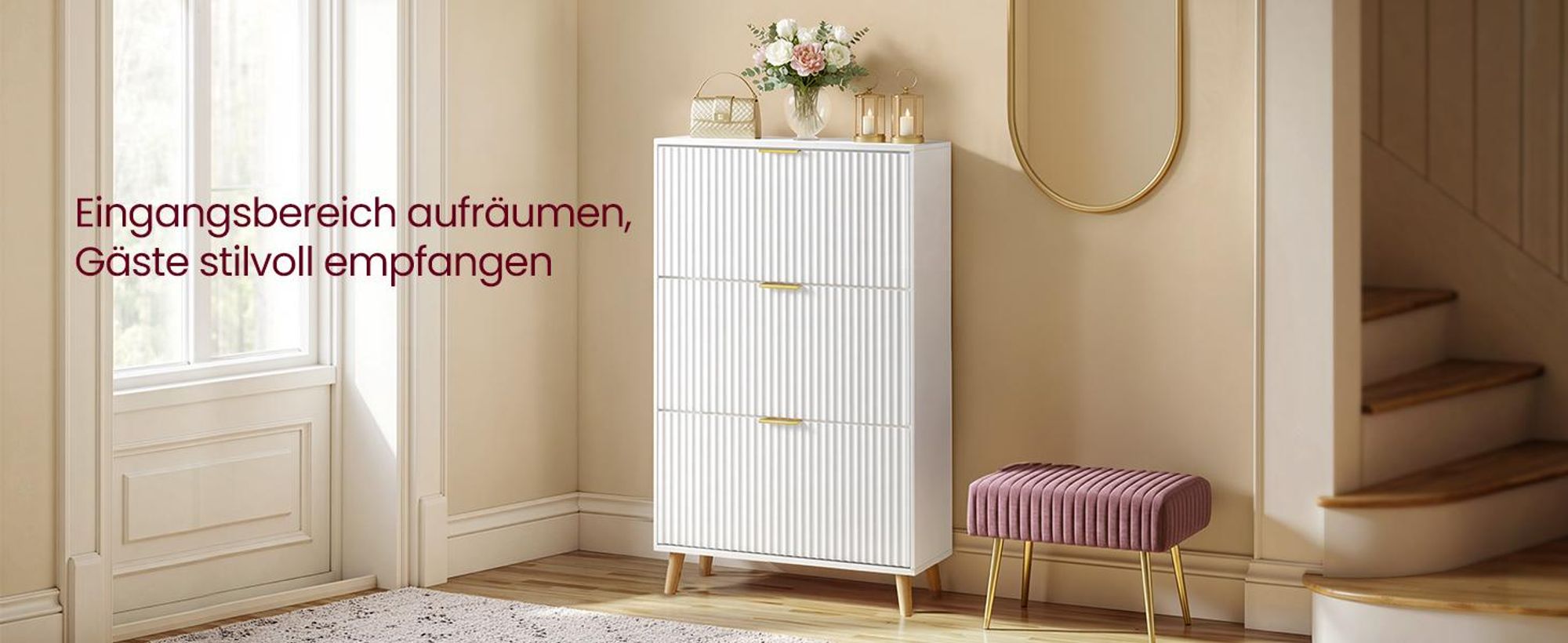 Schmaler Schuhkipper, Schuhschrank mit 3 Klappen, für Eingangsbereich, Flur, Mid Century Modern, weiß