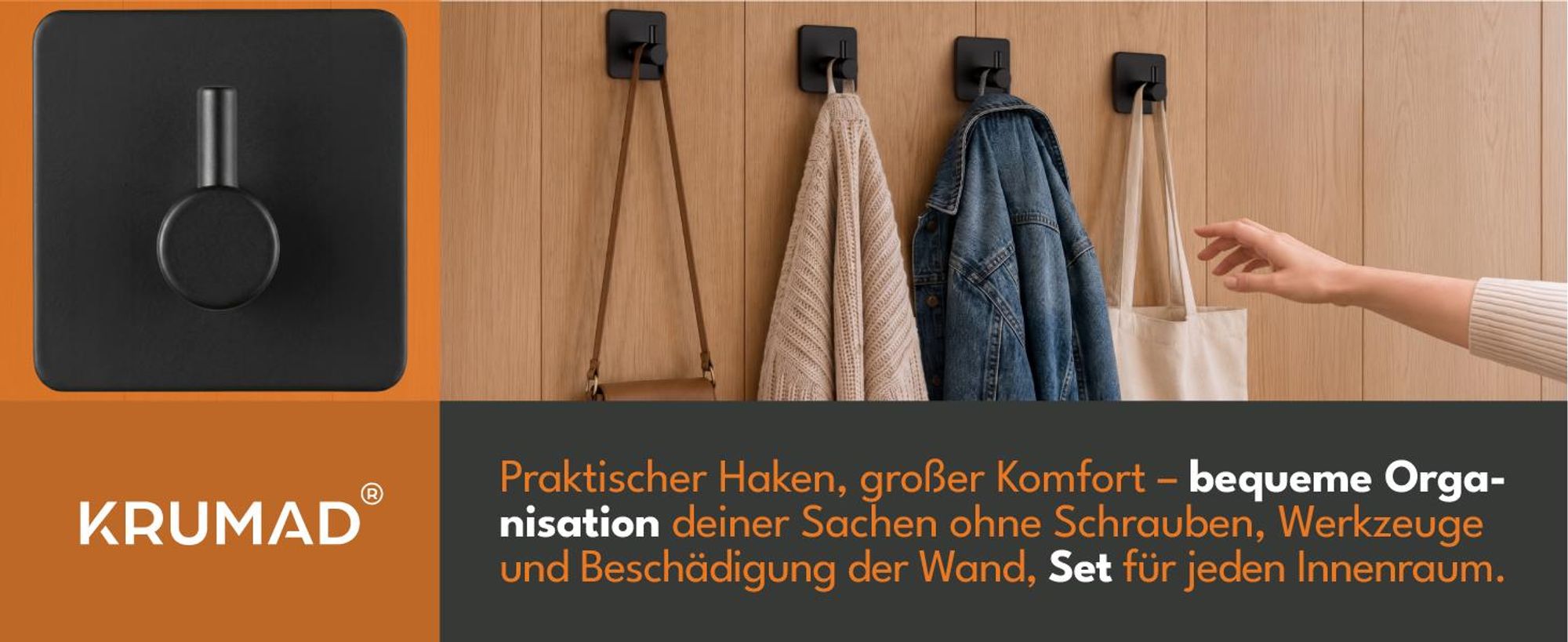 KRUMAD 4x Selbstklebende Haken Schwarz, Wandhaken ohne Bohren, Klebehaken für Bad Küche Flur Handtücher Kleidung