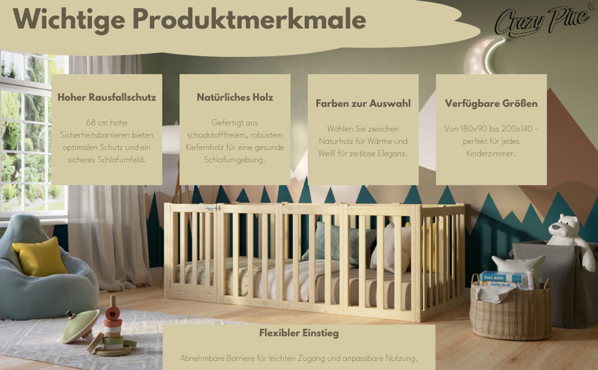 Crazy Pine Kinderbett 120x180 cm – Weiß - Montessori Bodenbett mit Hohem Rausfallschutz 73cm und Öffnbarer Barriere  - Crazy John