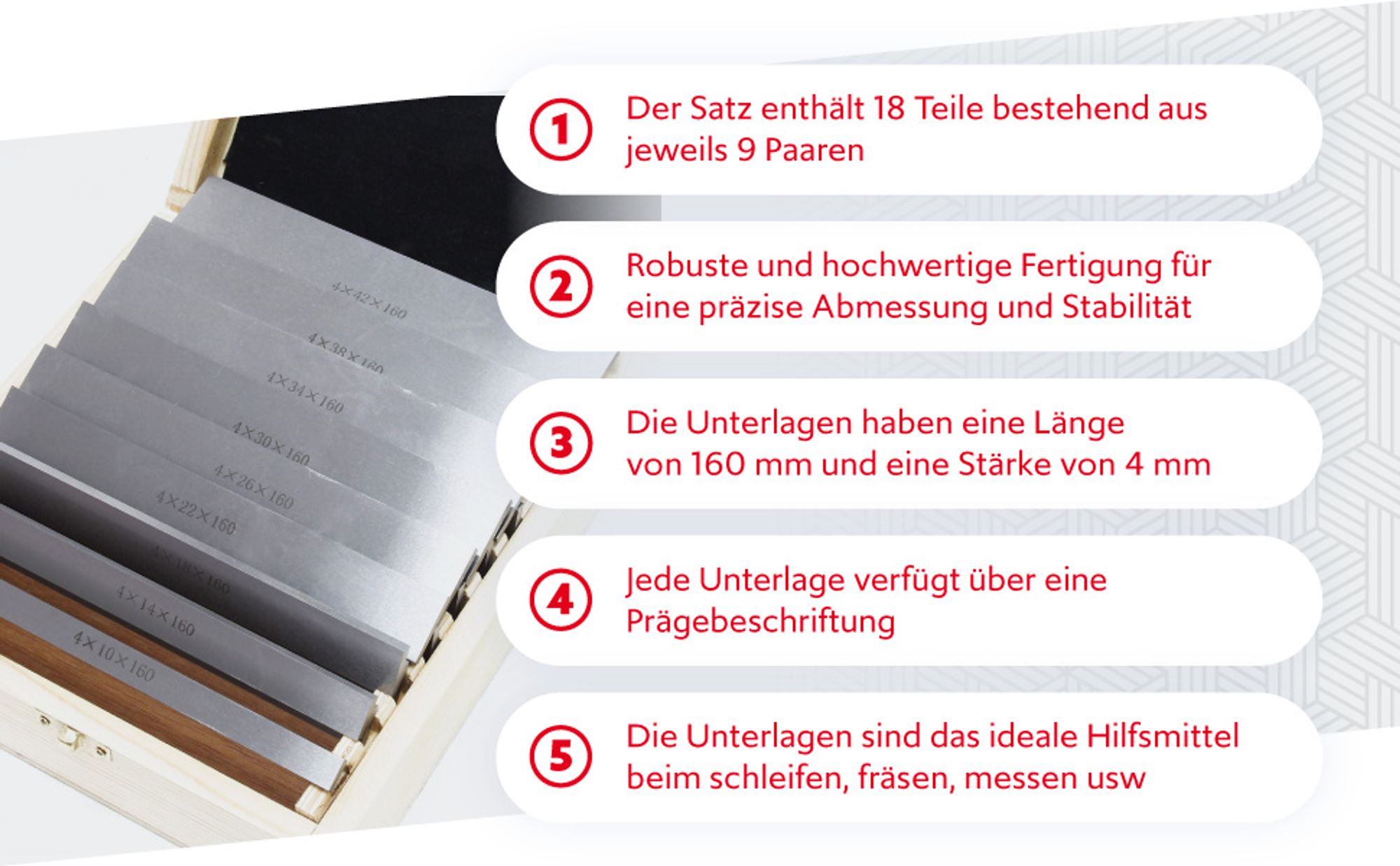 Wiltec Parallelunterlagen Set 18-teilig 160mm, 9 Paar Schraubstockunterlage aus Werkzeugstahl, Fräsunterlagen, Unterlegleisten