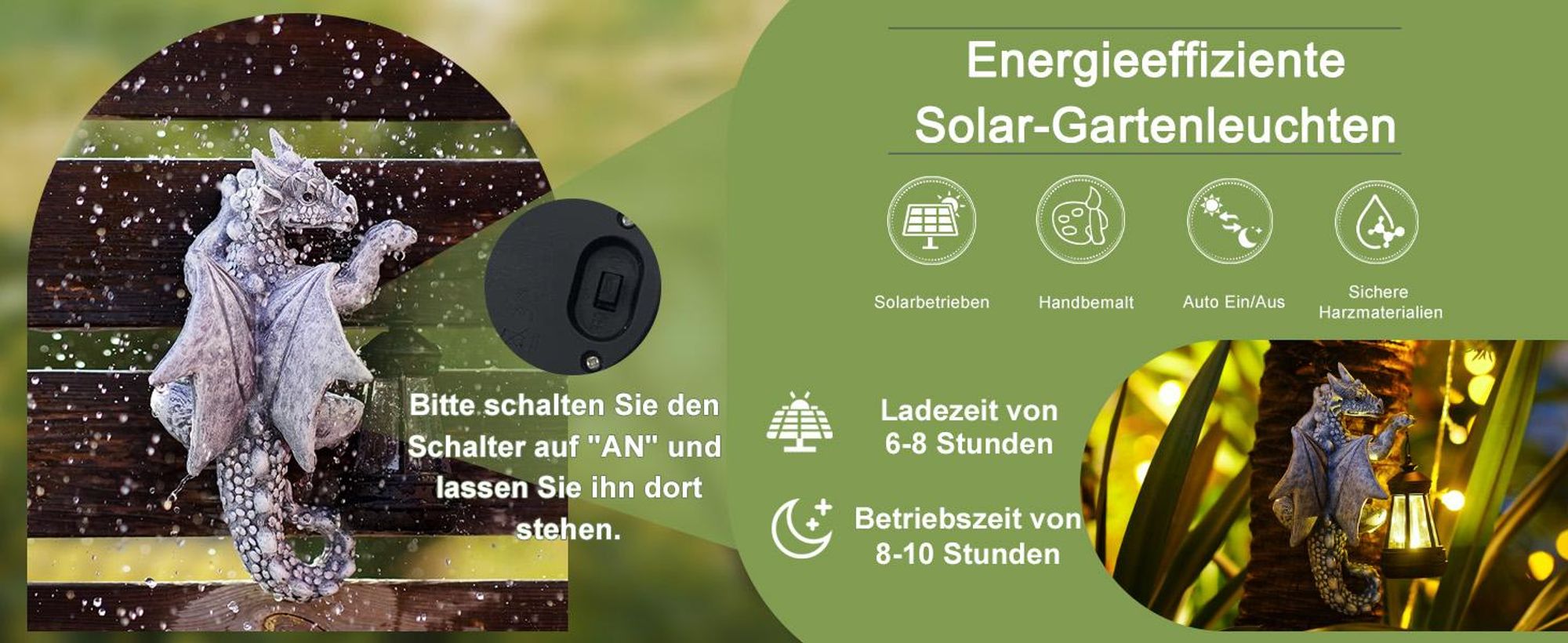 Solarleuchte, Solarlampe, Gartenleuchte, Solar Laternen, Drachen Figuren, Gartendeko, Gartenfiguren