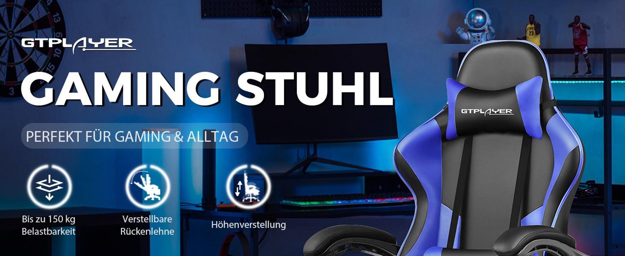 GTPLAYER Bürostuhl Gaming Stuhl Massage Gaming Sessel Ergonomischer Gamer Stuhl mit Fußstütze, Kopfstütze Massage-Lendenkissen, Gepolstert Gaming Chair, Drehsessel