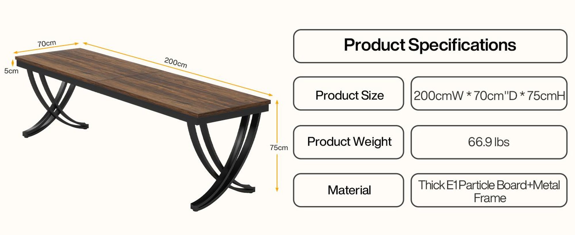Tribesigns Table de salle à manger rectangulaire pour 6-8 personnes, table en bois de 200 cm de style rustique avec pieds métalliques robustes et plateau en bois (table uniquement)