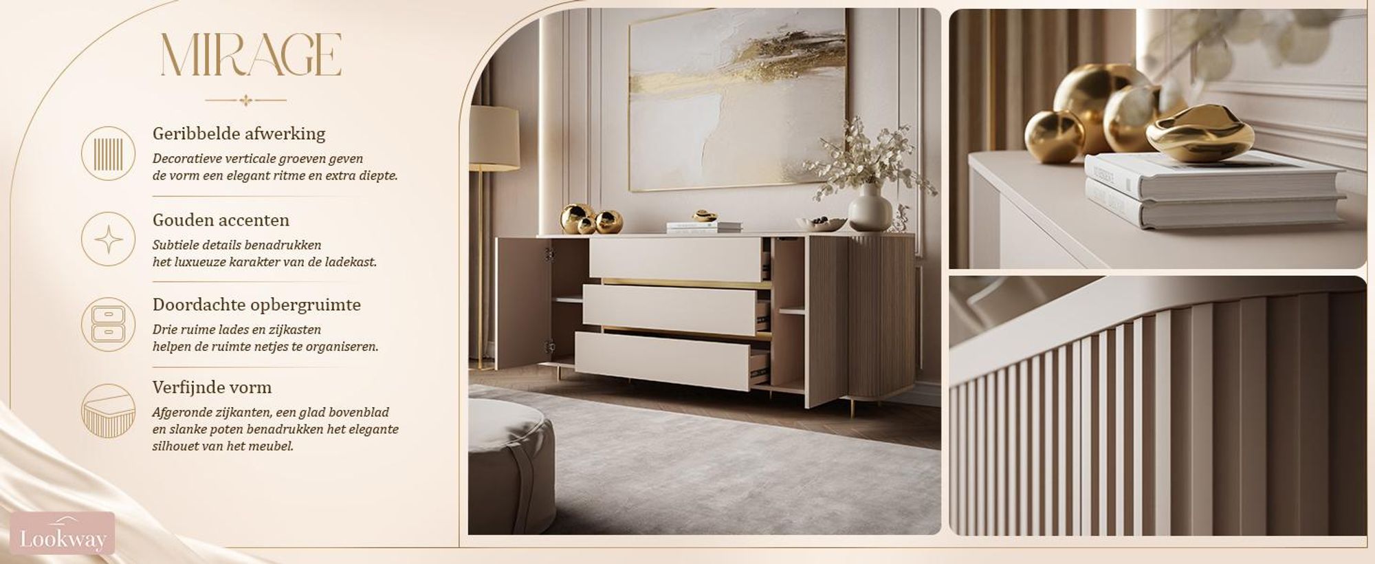 Kommode MIRAGE GOLD, met 3 lades en 2 deuren