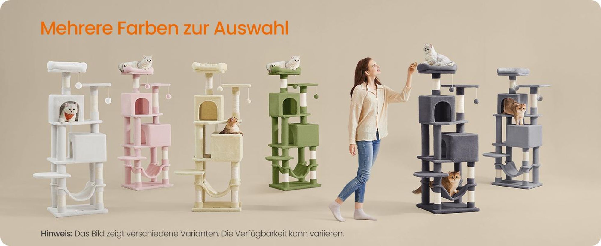 Feandrea Kratzbaum, 155 cm, mit 5 Kratzsäulen, 2 Plattformen, 2 Katzenhöhlen, beige