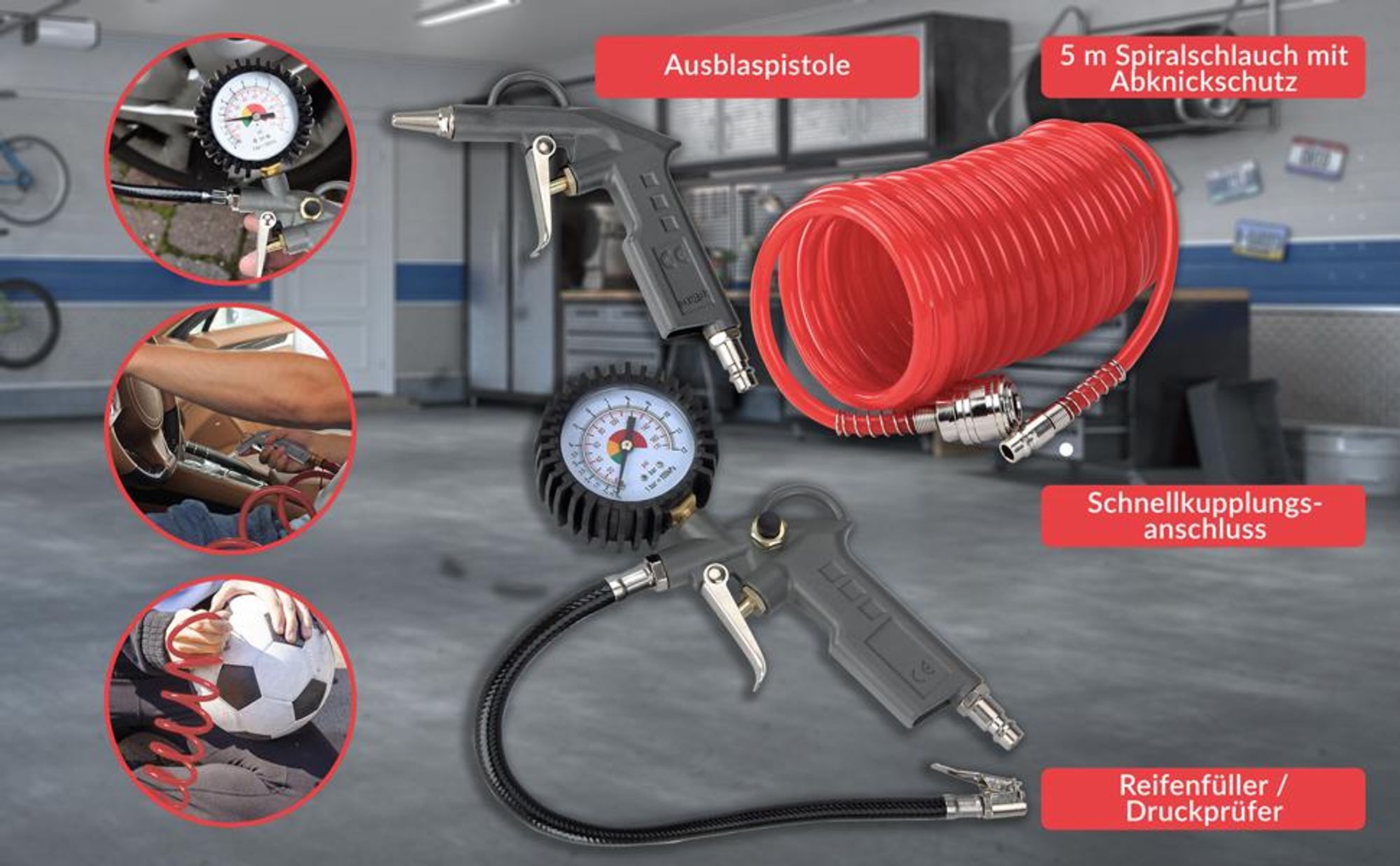 DEUBA® Druckluft Set 3tlg. 12 bar Für Gängige Kompressoren 5m Schlauch Schnellkupplung Manometer Ausblaspistole Reifenfüller Luftdruckprüfer Werkzeug