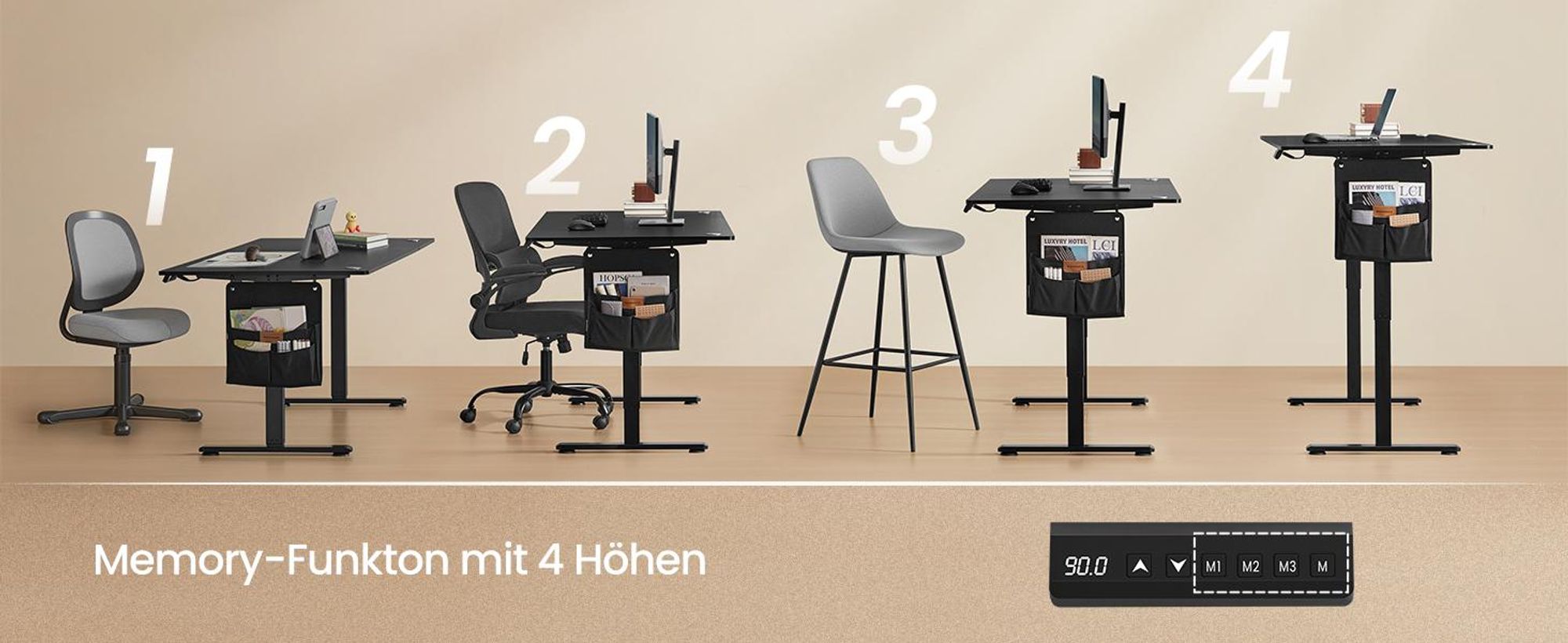 SONGMICS Höhenverstellbarer Schreibtisch elektrisch 160cm 4 Höhen schwarz