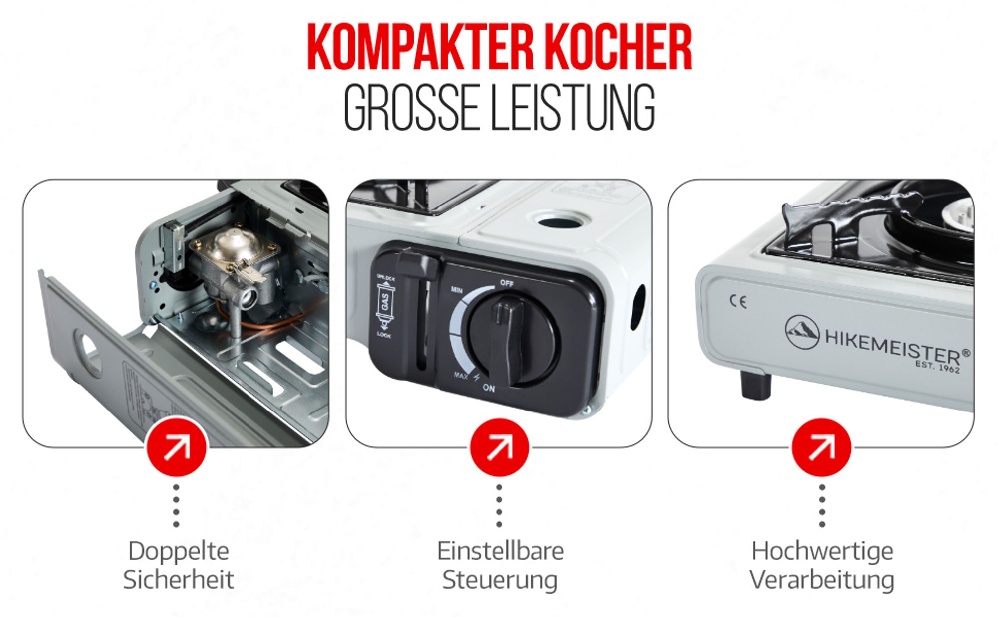 Hikemeister® Campingkocher Gas – Tragbarer Gaskocher 2200W mit Koffer – Camping Gasherd Outdoor Butan Kocher für Campingurlaub, Balkon & Garten - Grau