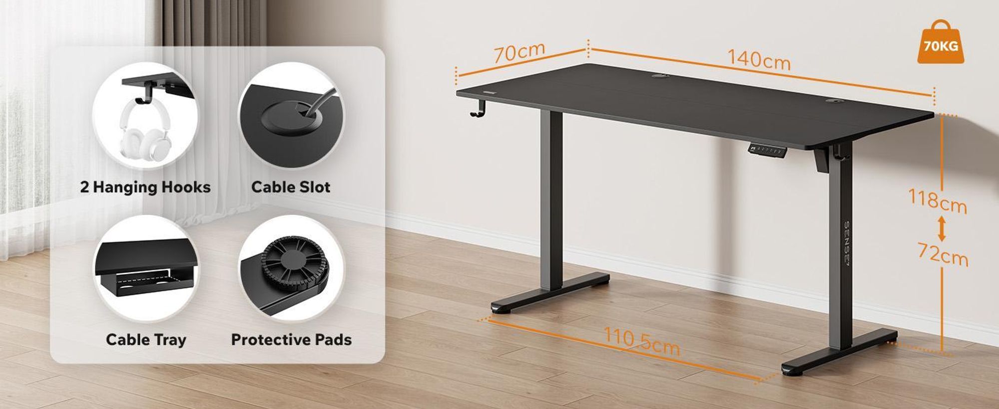 SENSE7 Nojo Výškovo nastaviteľný stôl 140x70 cm Elektrický Tmavohnedý Herný stôl Počítačový stôl Stojací stôl Funkcia pamäte Vzhľad dreva XXL