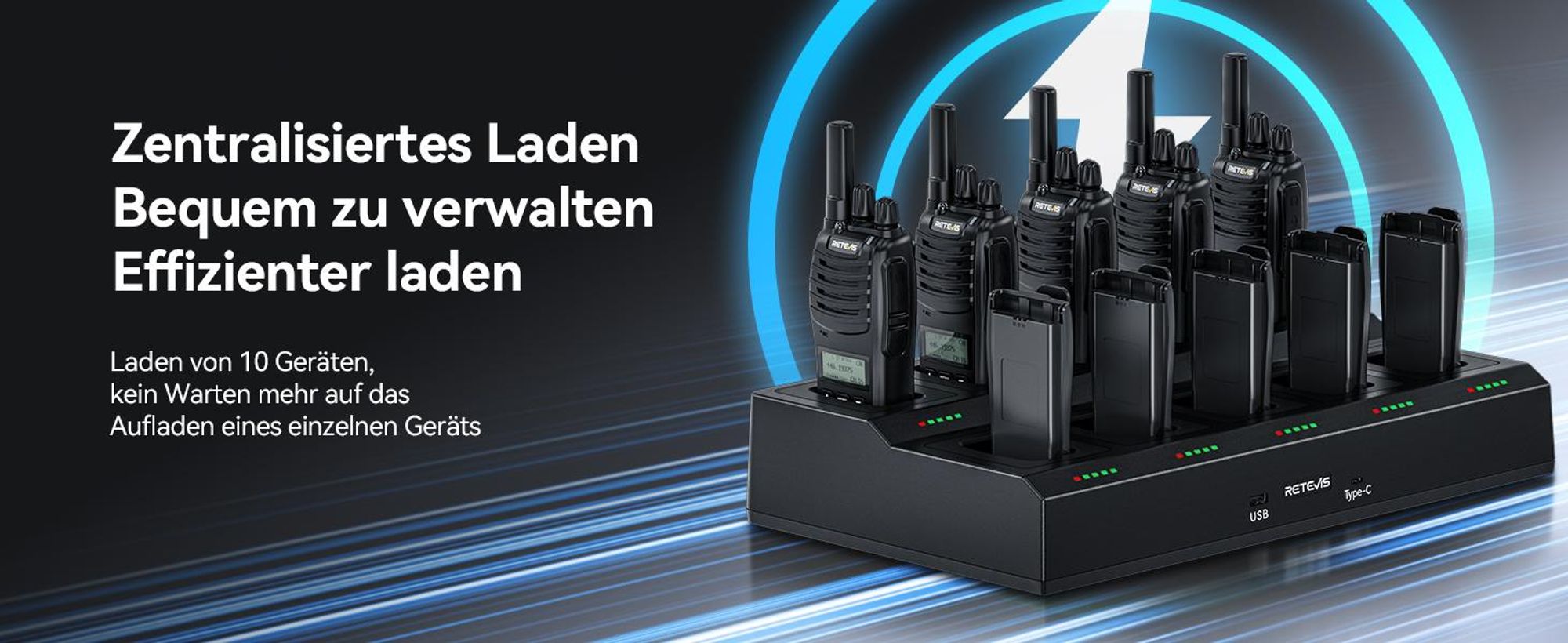 Retevis H777D Funkgeräte Professional, Walkie Talkie mit 10-Wege-Ladegerät, PMR Funkgerät LCD-Display, 1200 mAh Akku, Typ-C-Ladung, für Sicherheit