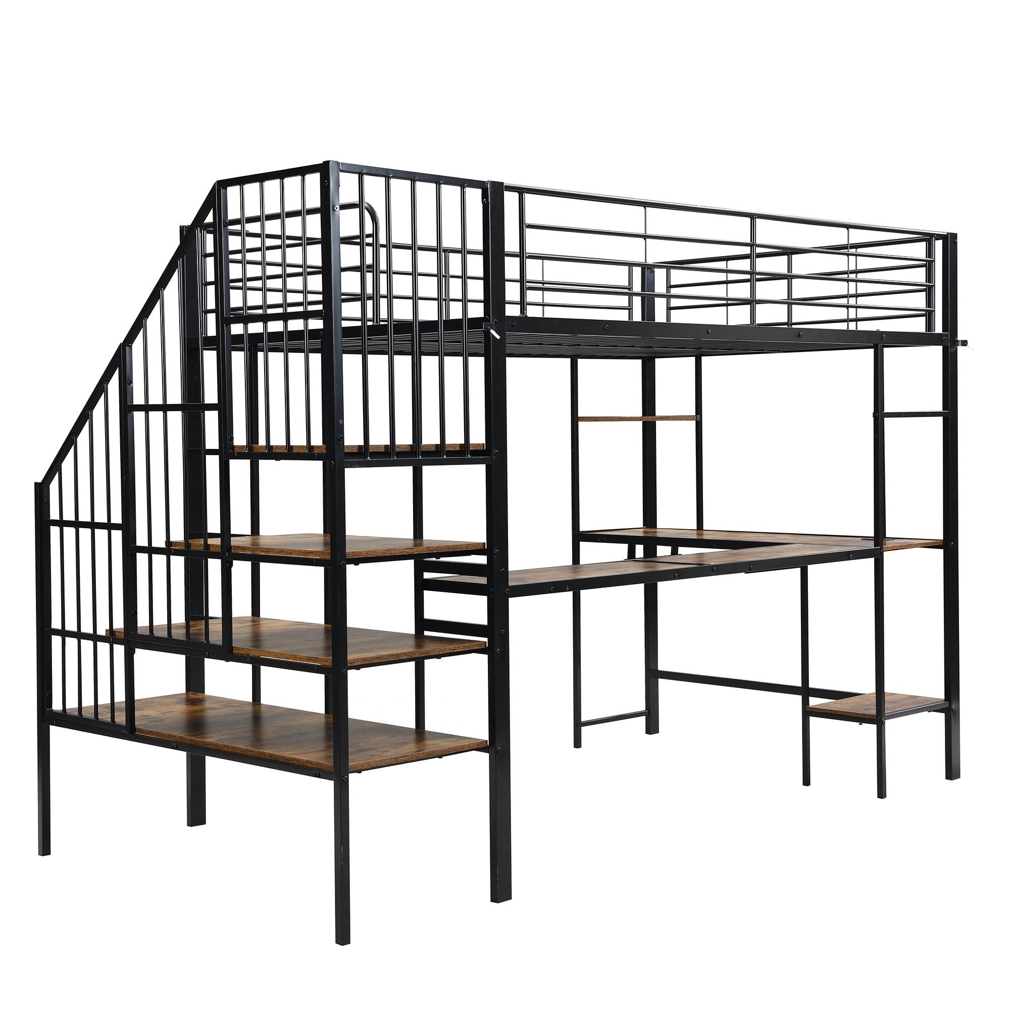 Flieks Etagenbett 120x200cm mit Schreibtisch und Ladefunktion, Jugendbett Metallbett mit Treppe und Ablagen, Kinderbett Metallbett, Schwarz