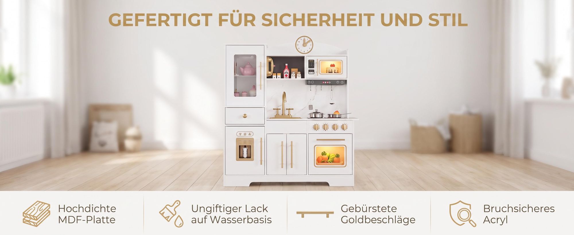 Große Holz Kinderküche Spielküche mit Licht & Sound, Spüle mit Wasserhahn, Backofen, Mikrowelle & Spieluhr, inkl. Zubehör, ab 3 Jahren