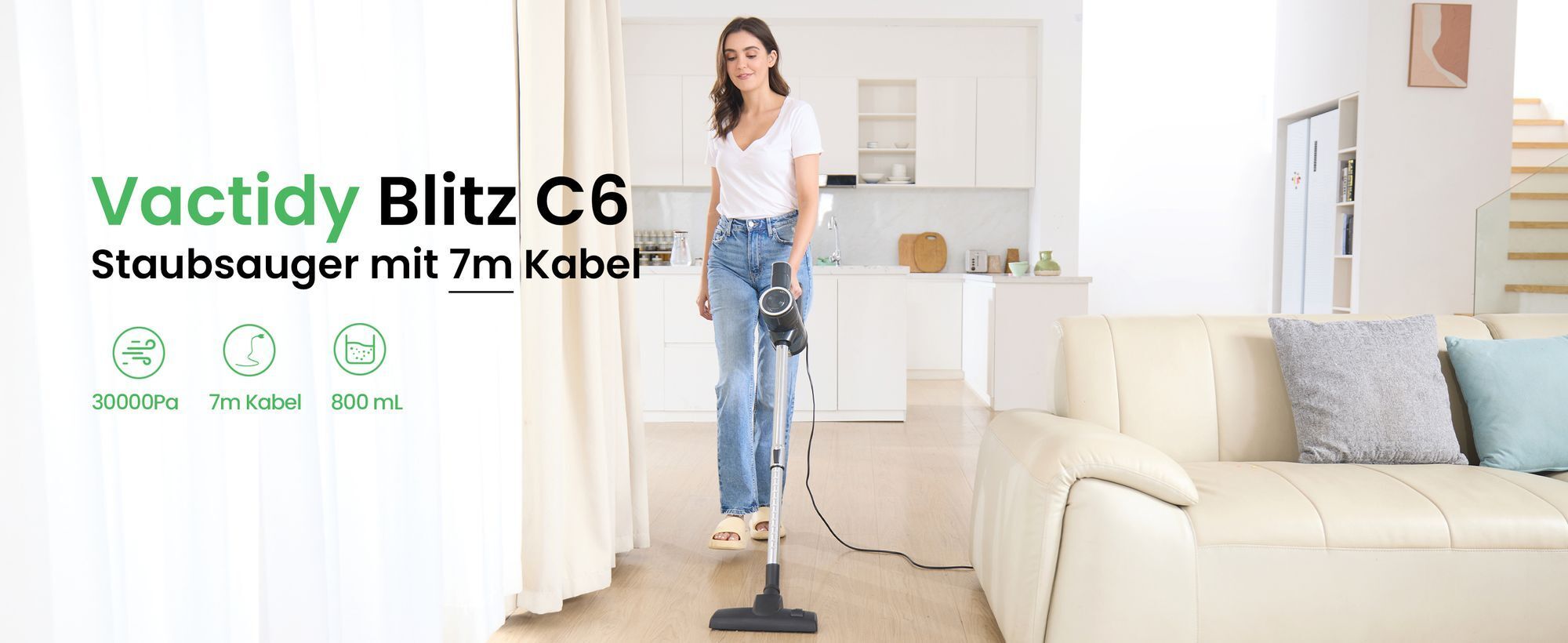 Vactidy C6 Staubsauger mit Kabel 7m Kabel 1.7kg 30000Pa 800mL Staubbehälter Stielstaubsauger
